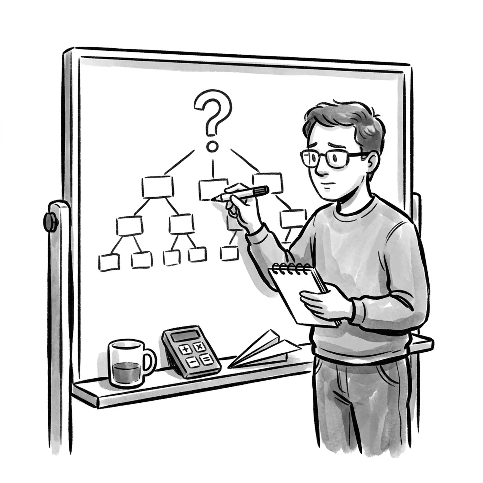 A product manager at a whiteboard breaks a big question into a tree of smaller boxes, with a coffee cup, a calculator left untouched and a paper airplane on the ledge