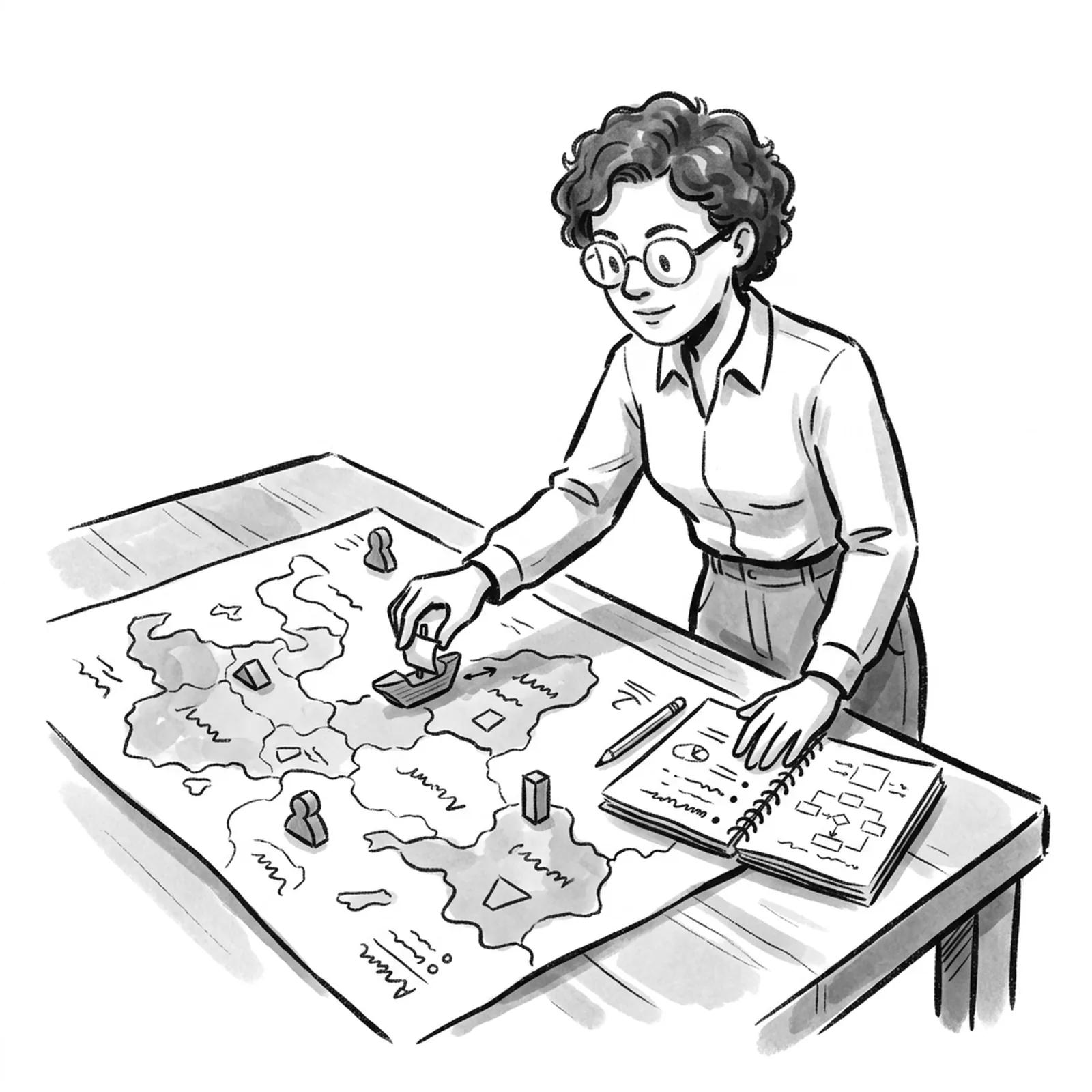 A product manager stands at a large table covered with a paper map, moving small wooden game pieces between regions while a notebook of options lies open beside her
