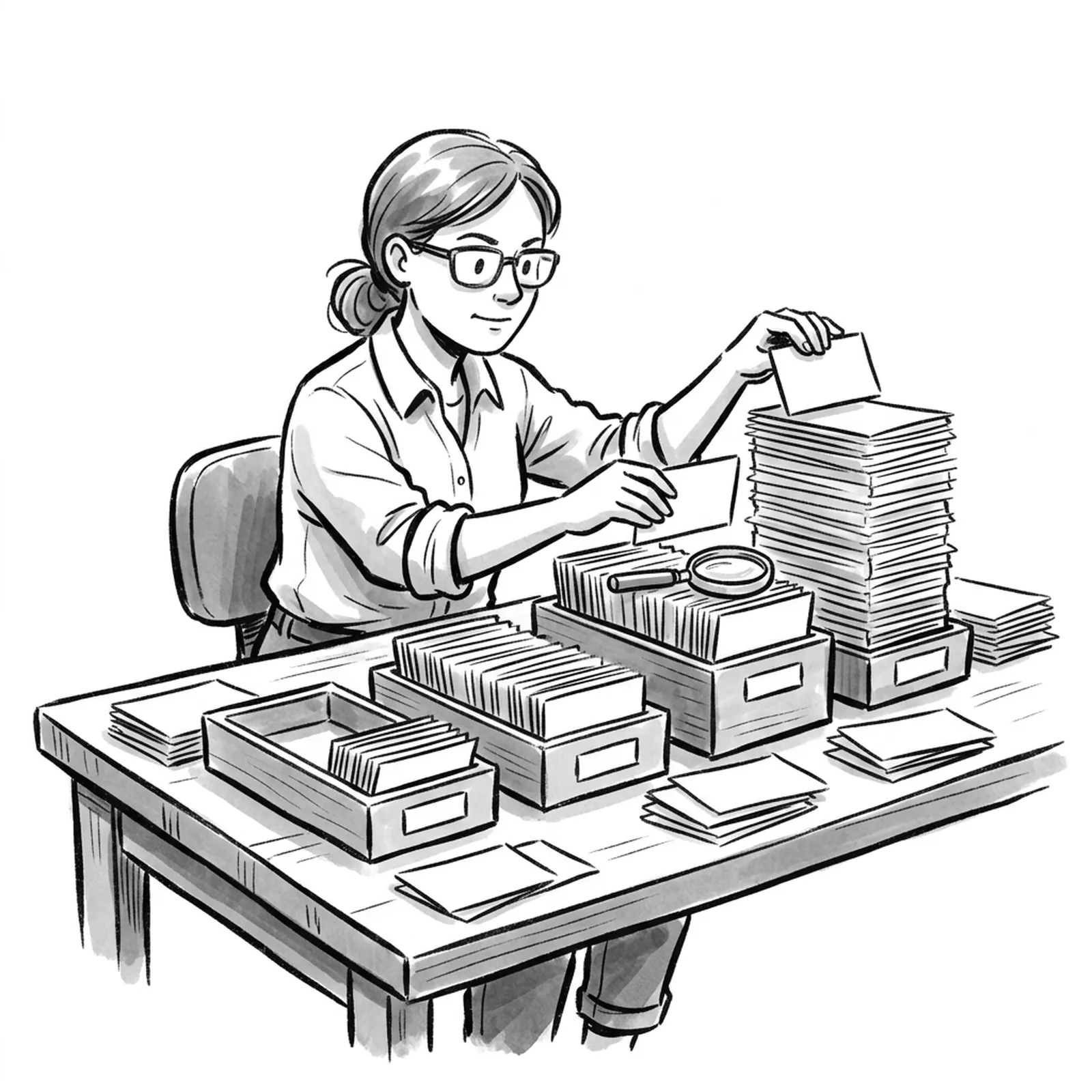 A product manager at a long table sorting hundreds of blank index cards into wooden trays of different heights