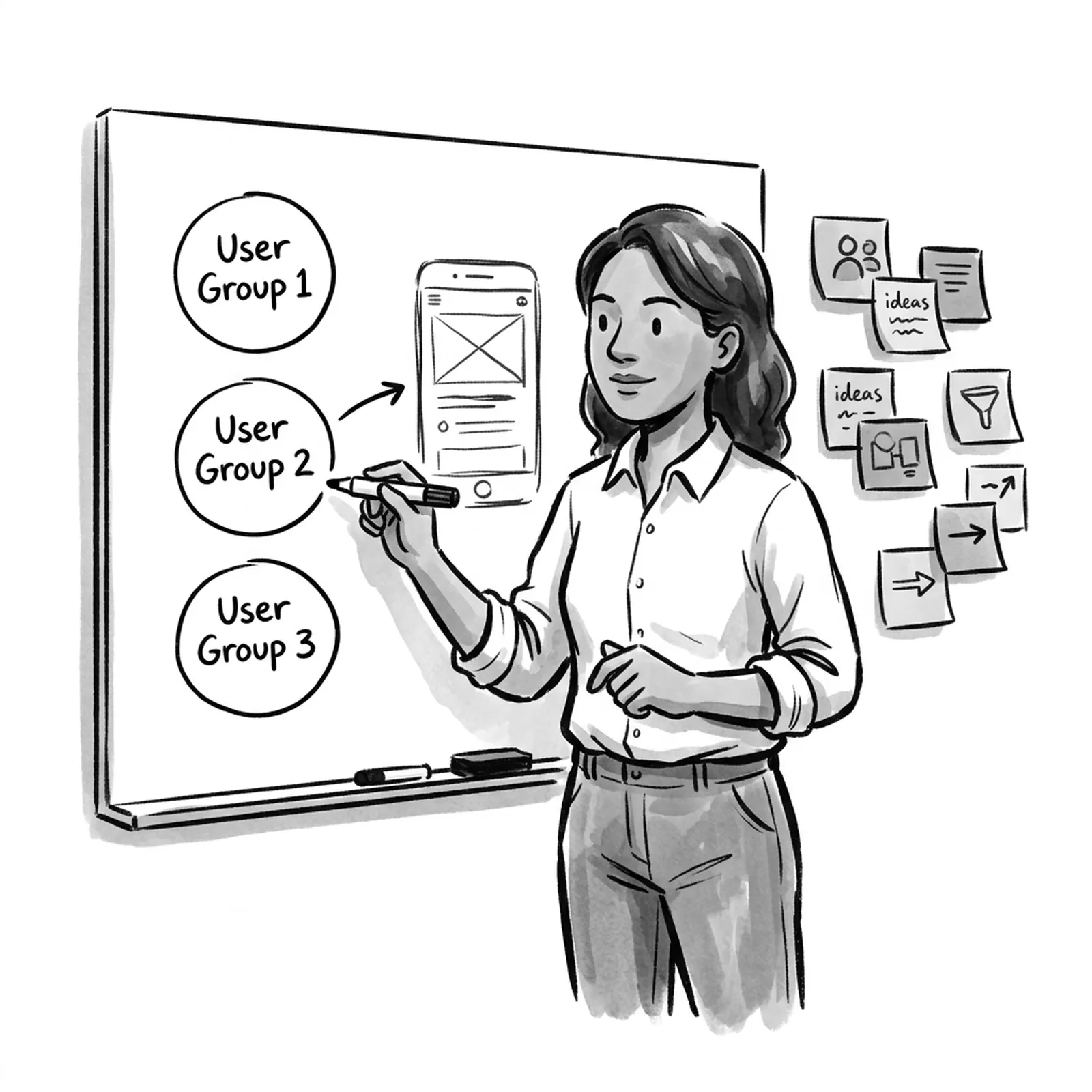 A product manager at a whiteboard sketches three user groups as circles and draws an arrow from one to a rough app screen, sticky notes of ideas on the wall beside her