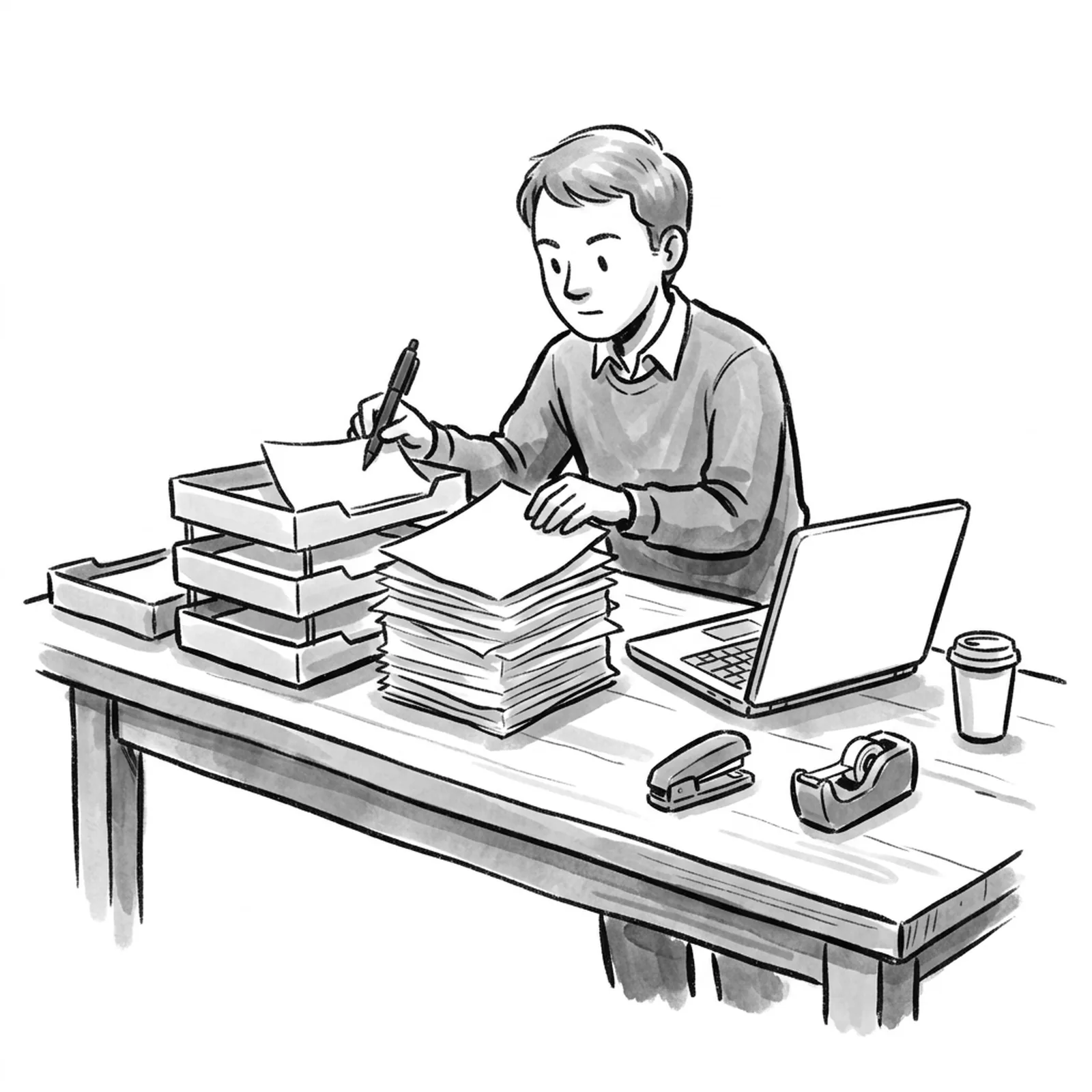 A product manager at a long table sorts a tall stack of printed pages into labelled trays while a laptop sits open beside them
