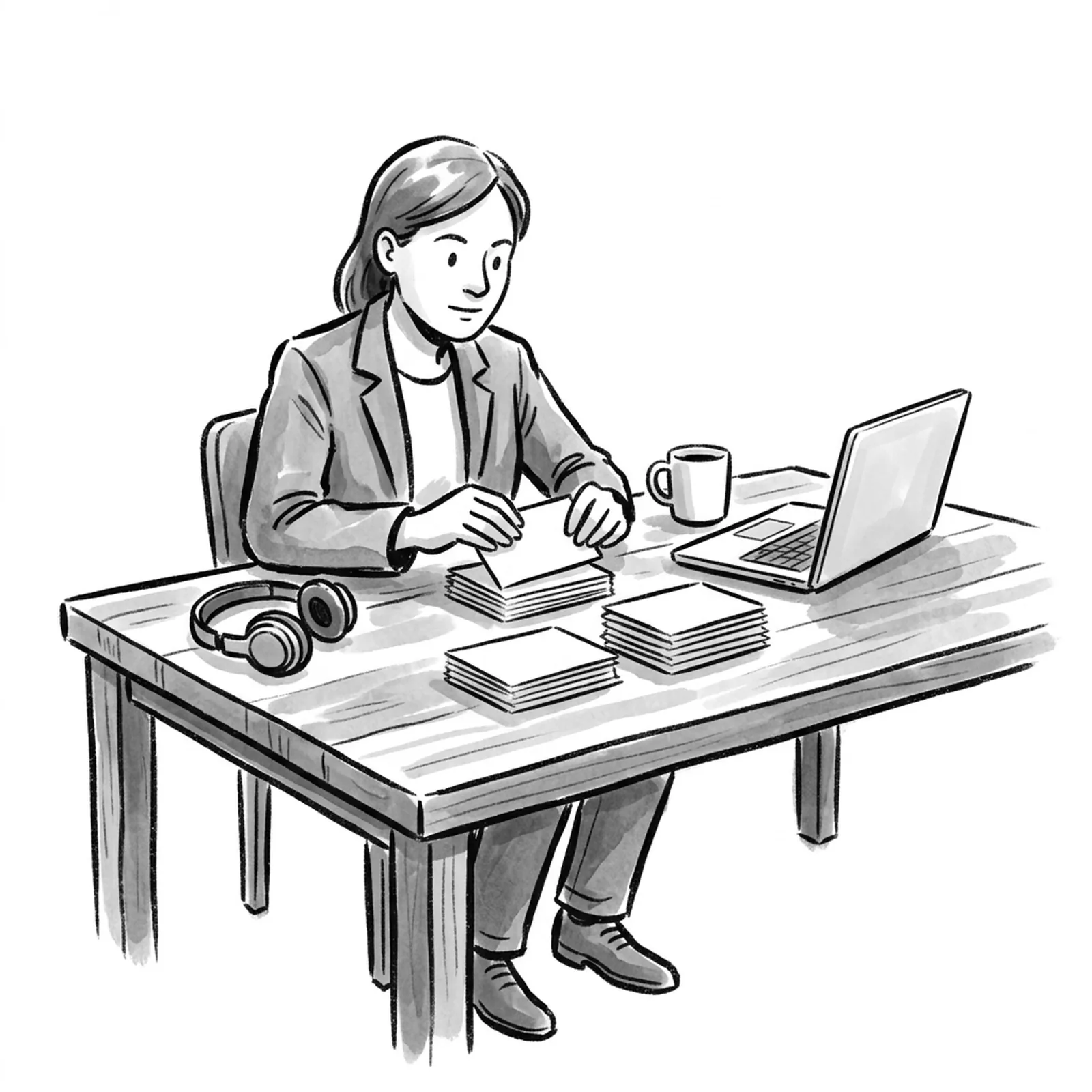 A product manager at a long wooden table sorting a stack of blank index cards into piles, headphones resting beside a mug and an open laptop with a blank screen