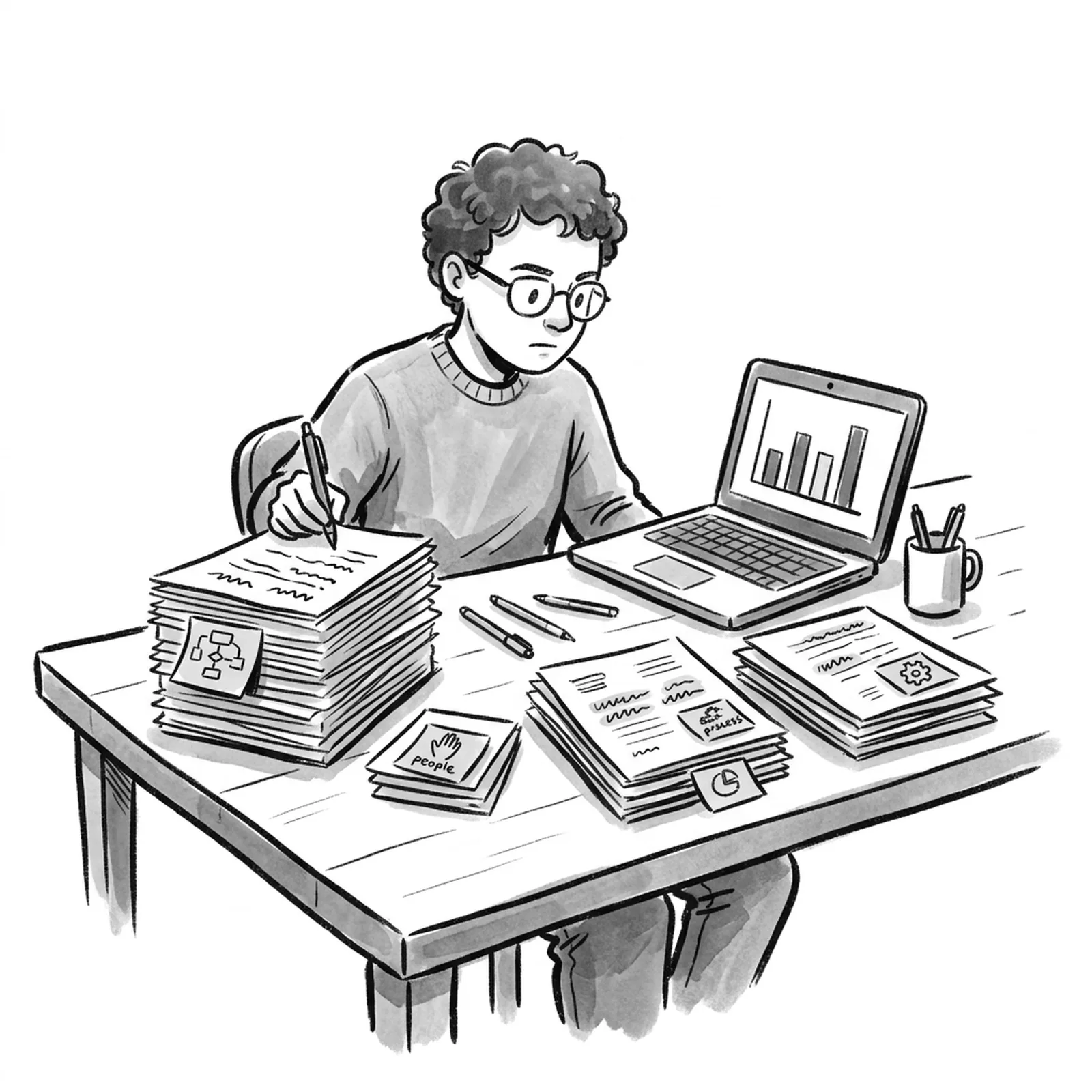 A product manager at a long table sorting a tall stack of printed job descriptions into labelled piles with a highlighter, sticky notes marking repeated phrases