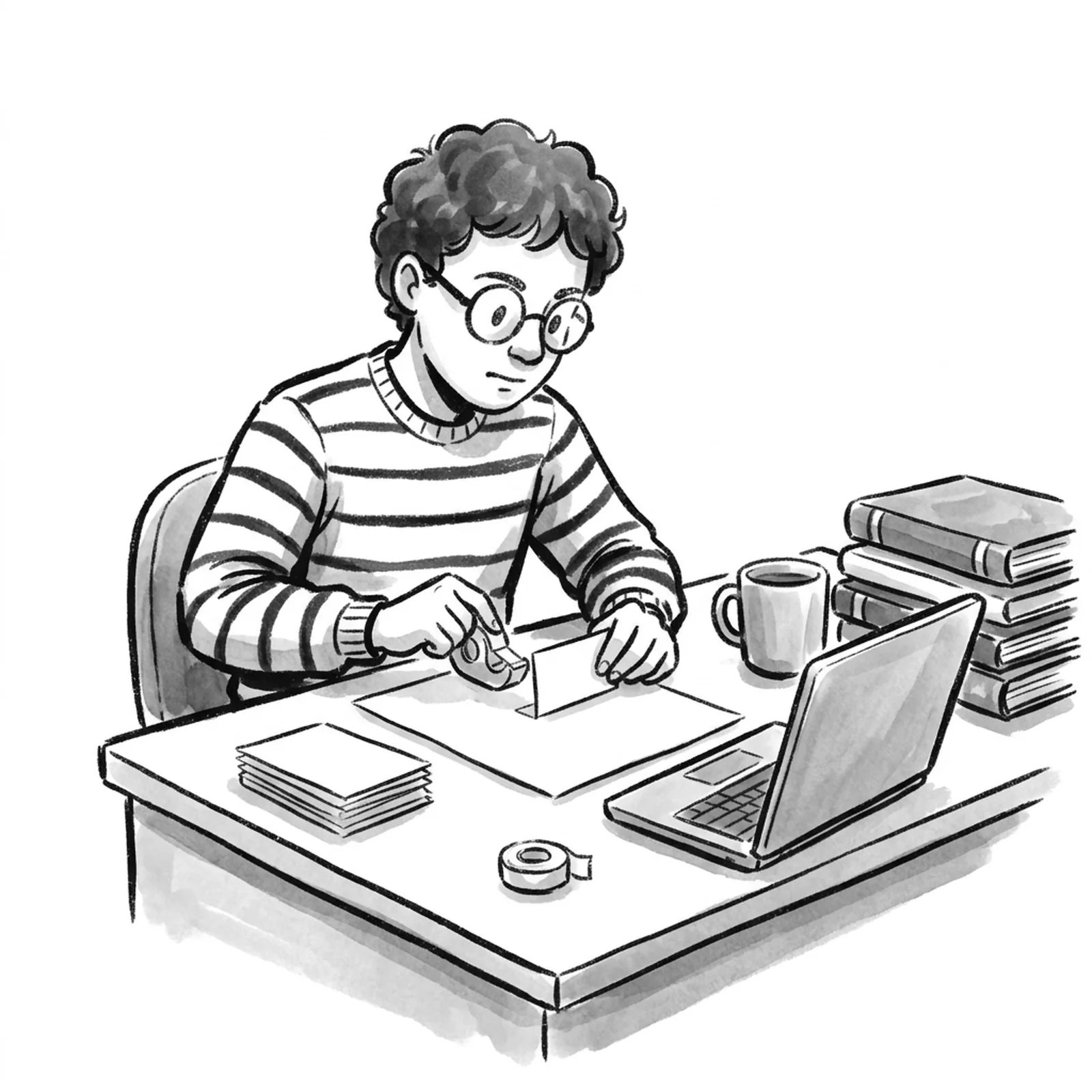 A student at a dorm desk tapes index cards of small projects onto a single sheet of paper, a laptop open beside a mug and a stack of library books