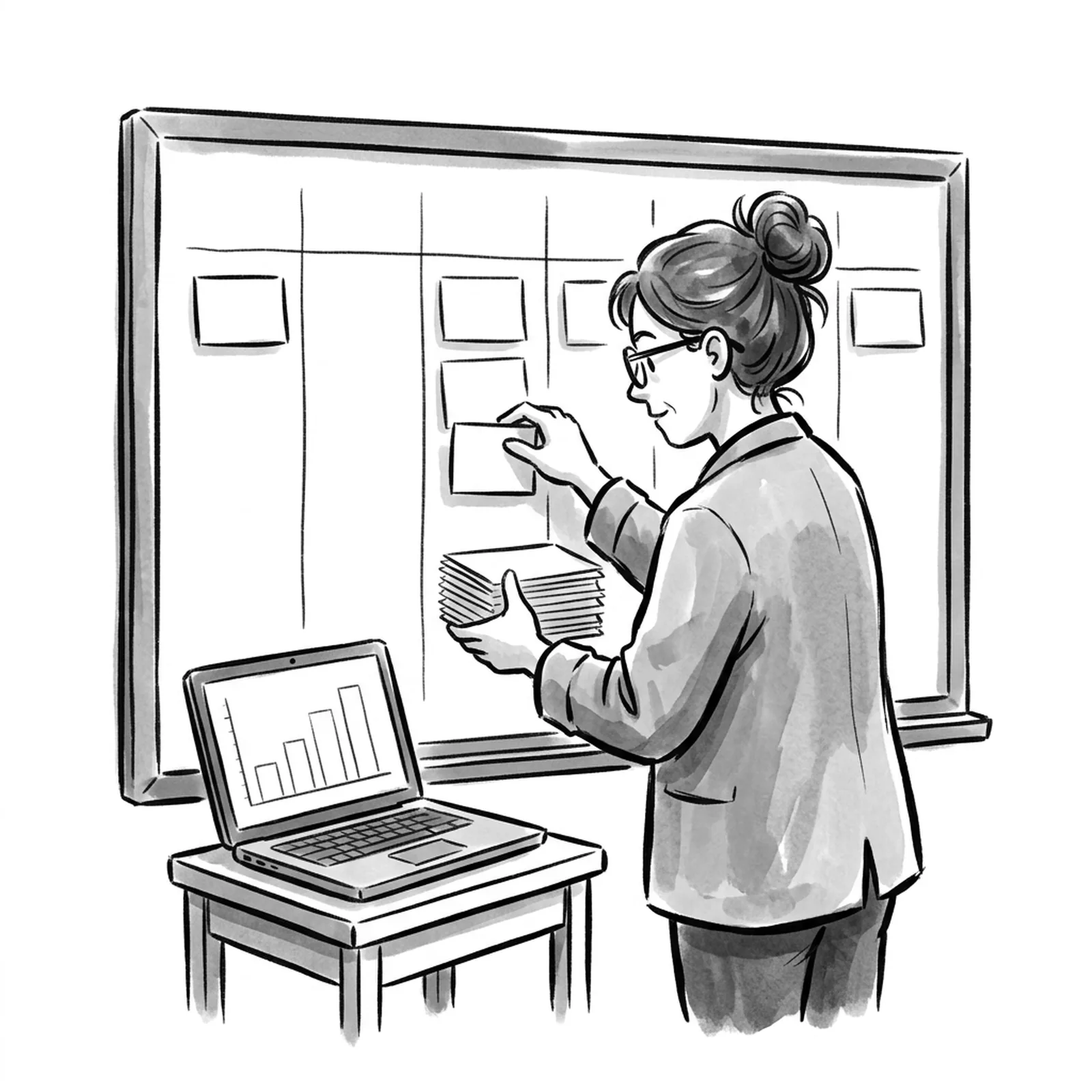 A product manager at a whiteboard sorting index cards into columns while a laptop shows a blank chart