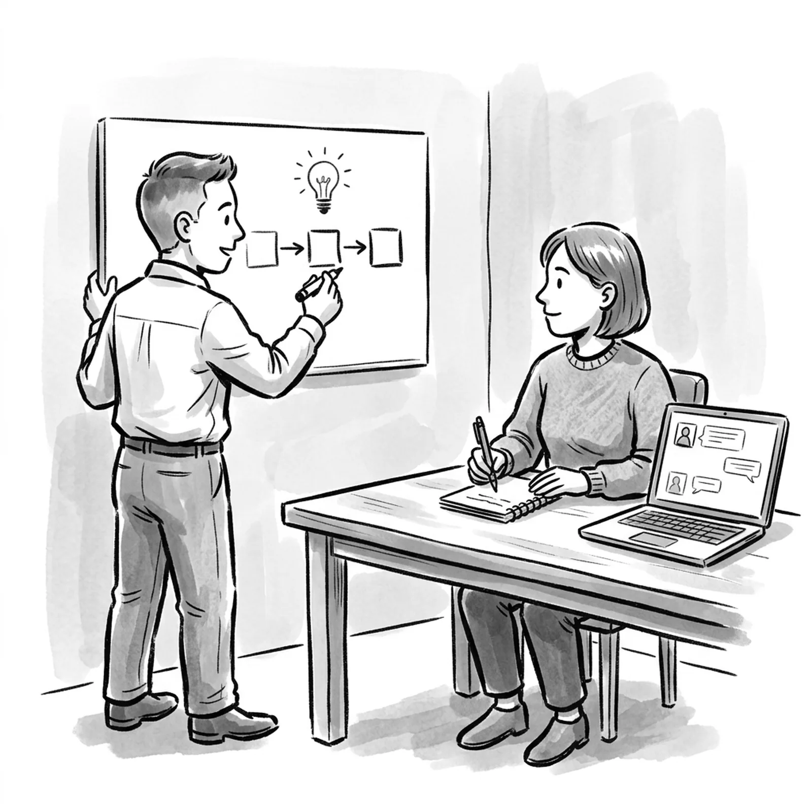 A product manager sketches a flow on a whiteboard in an interview room while an interviewer across the table takes notes beside an open laptop