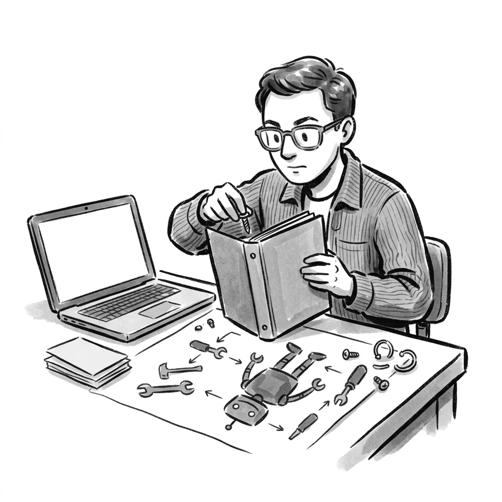 A product manager at a workbench assembling a portfolio binder from a laptop prototype, index cards marked with ticks and crosses, and a hand-drawn diagram of a helper robot