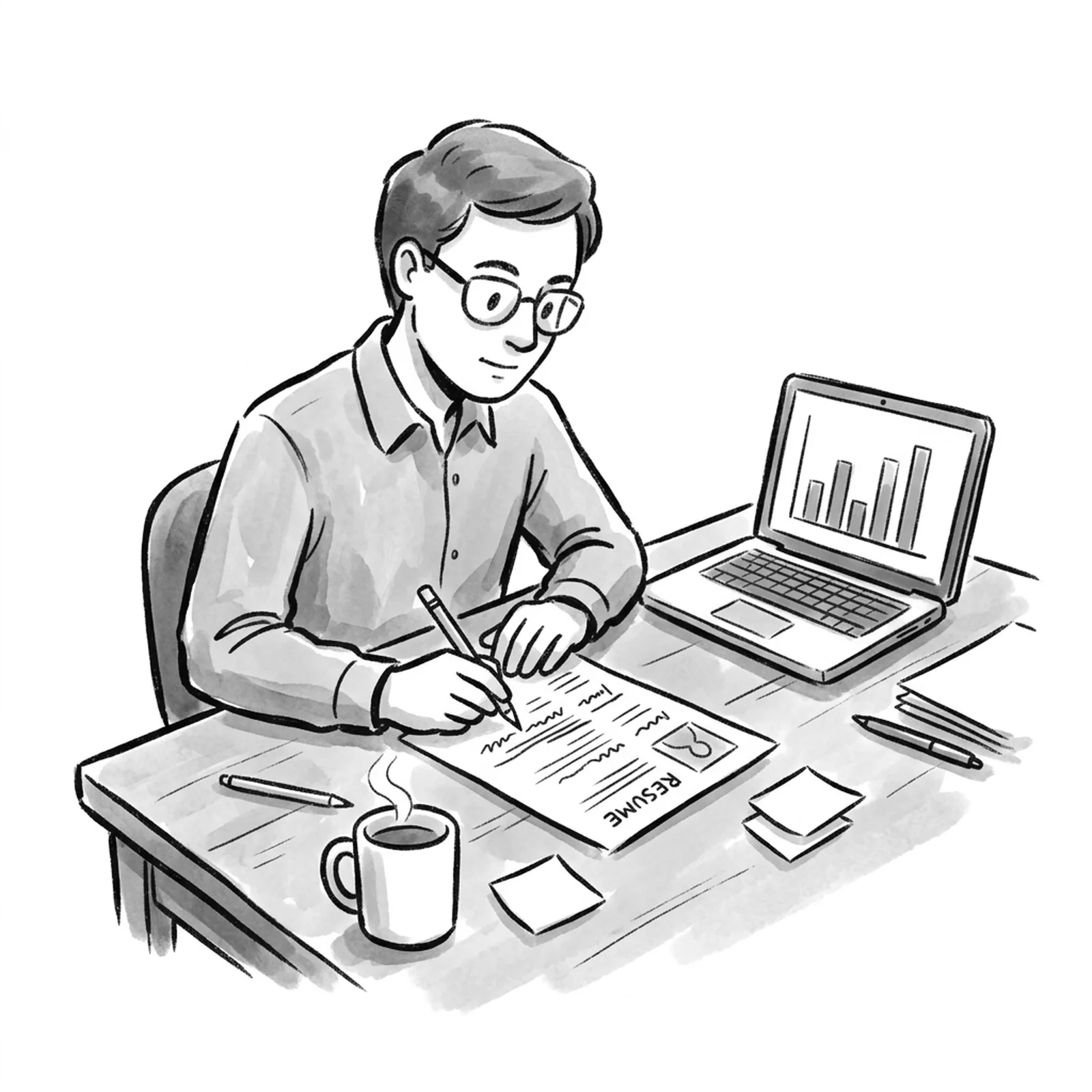 A product manager at a desk marks up a printed one-page resume with a pencil, a laptop beside it showing a chart, a mug and sticky notes around the page