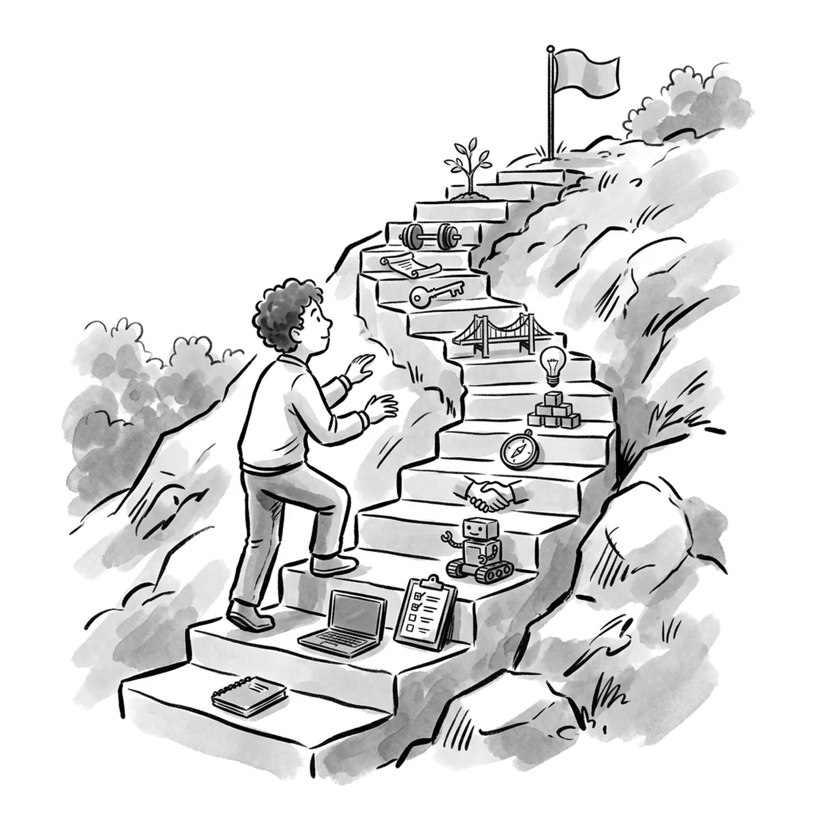A person climbing a long staircase of fourteen stone steps across a hillside, each step holding a small object such as a notebook, a laptop, a checklist and a small robot helper, with a flag at the top
