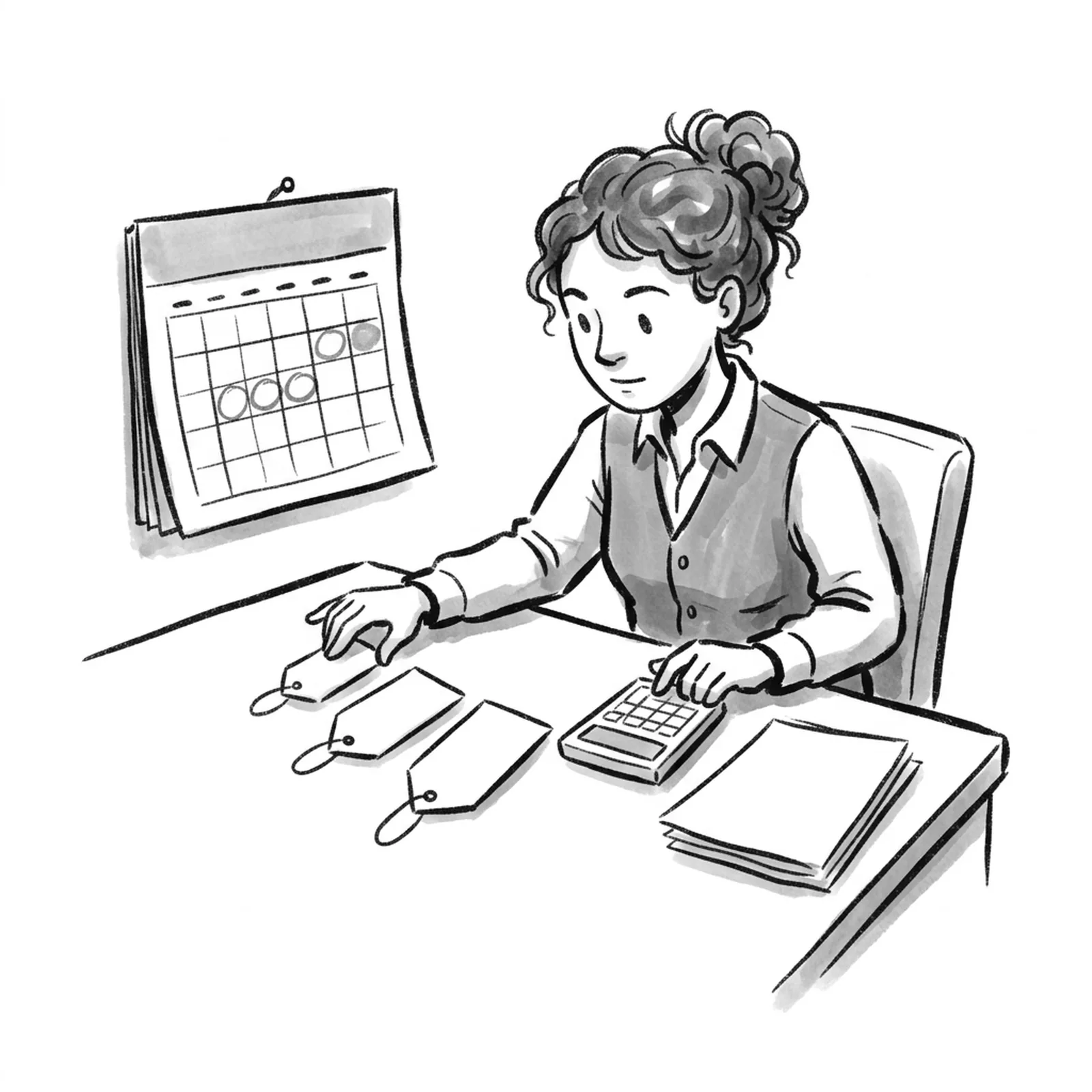 A product manager at a desk sorting three blank price tags of different sizes beside a calculator and a wall calendar