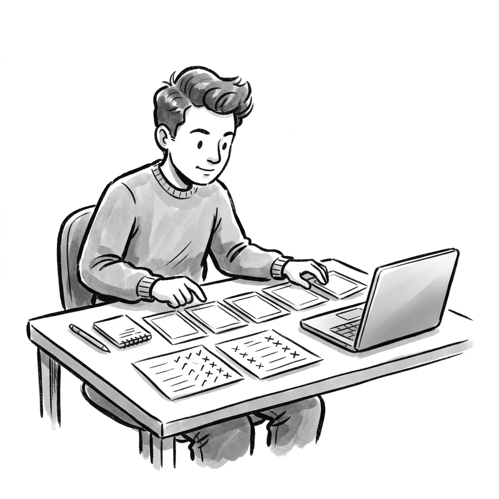 A product manager at a desk laying out printed screens of a small AI assistant next to a scoring sheet with rows of ticks and crosses, a laptop open beside them