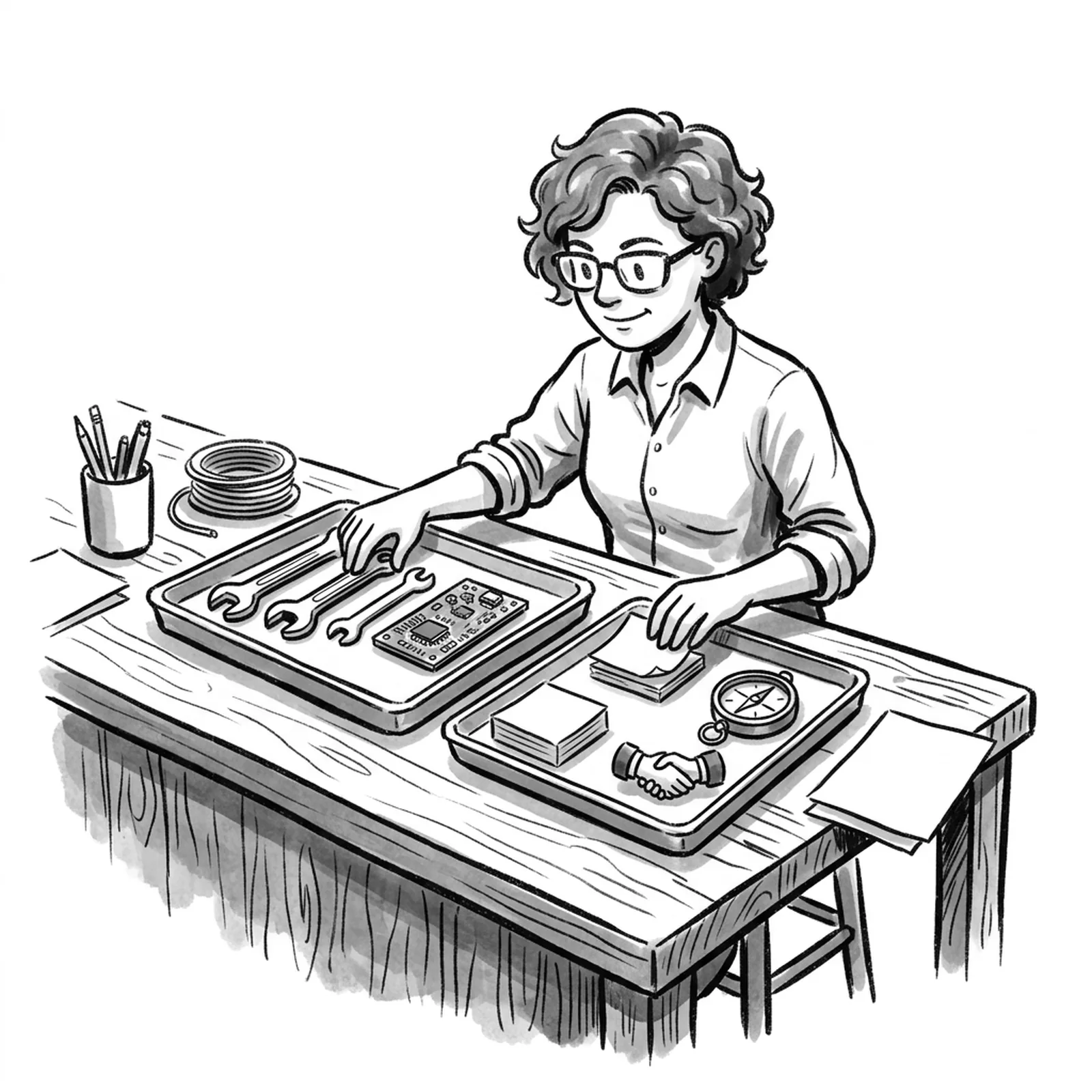 A product manager at a workbench sorting two trays of tools, one holding wrenches and circuit boards, the other holding sticky notes, a compass and a handshake figurine