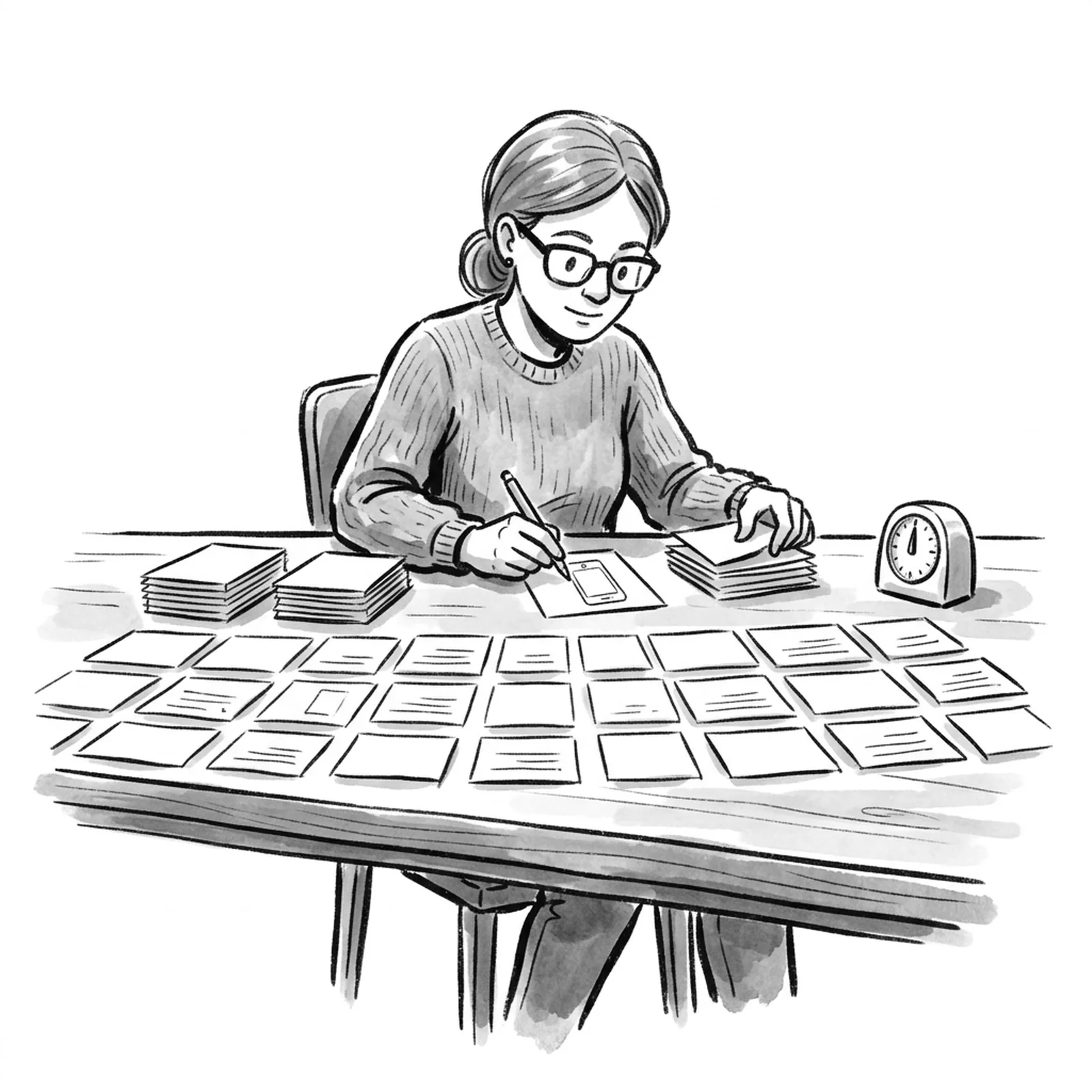 A product manager at a long wooden table sorts a grid of fifty index cards into piles, sketching a small app screen on one card while a timer sits beside her