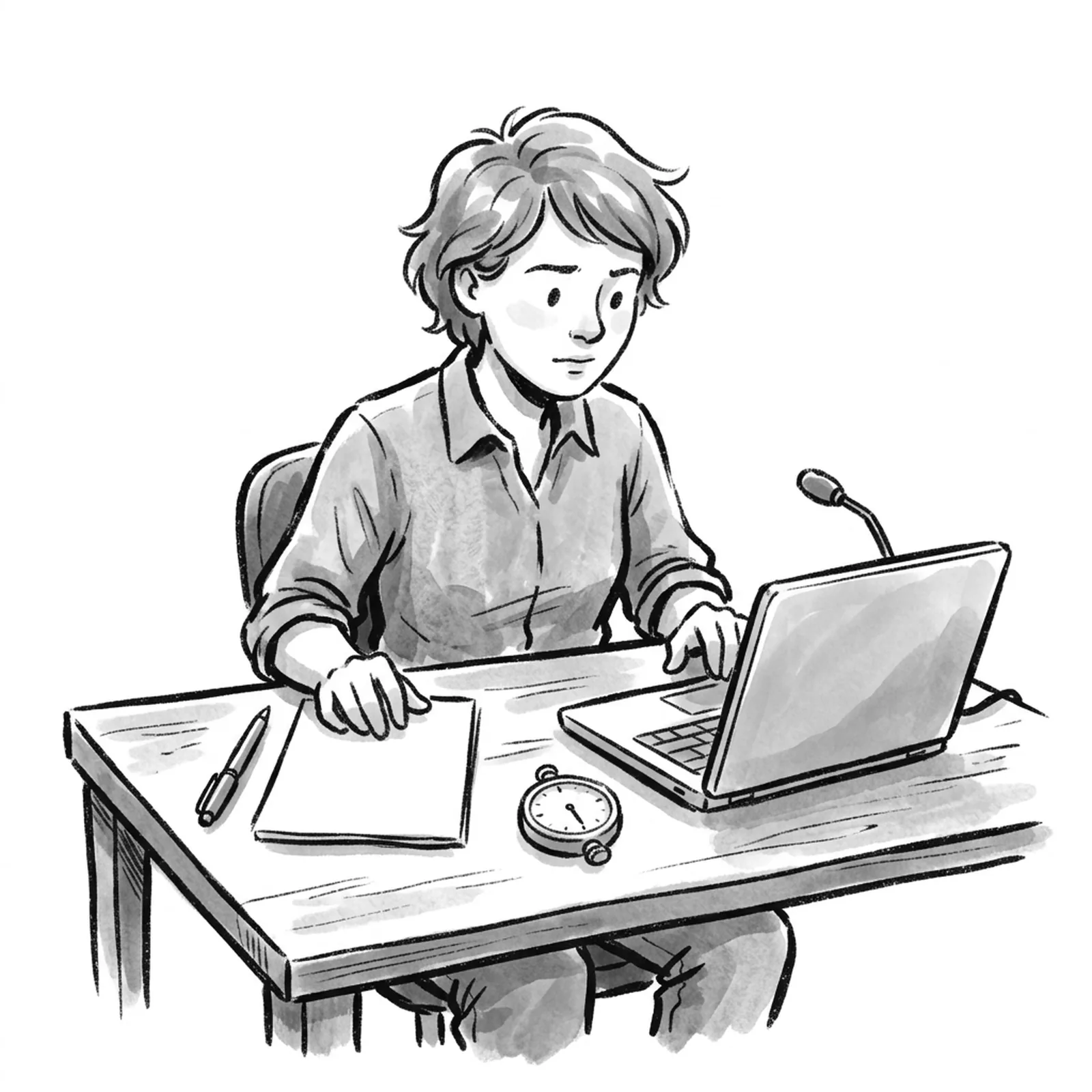 A candidate at a desk choosing between a blank notepad with a pen and a laptop showing a structured interview screen with a microphone beside it