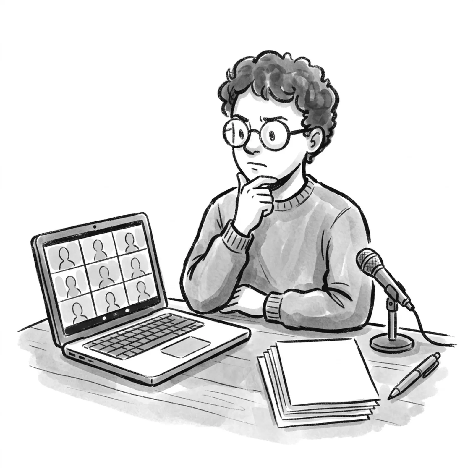A product manager at a desk choosing between a laptop showing a grid of peer video calls and a single microphone beside a printed job description