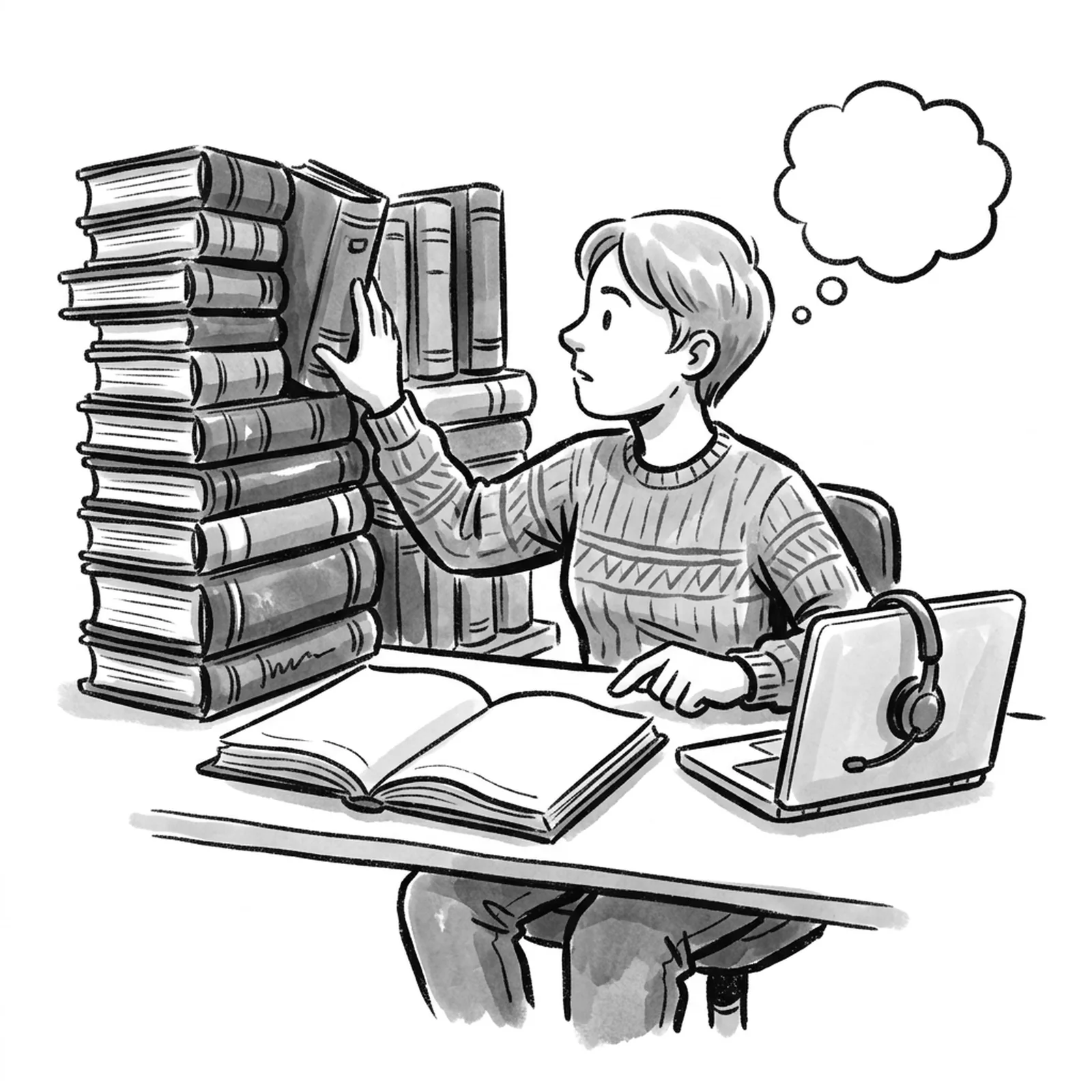 A product manager at a desk choosing between a heavy wall of bound library volumes and a single open workbook next to a laptop with a headset
