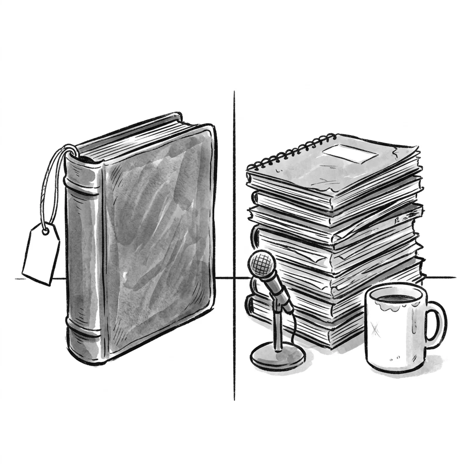 A single thick, expensive leather binder on one side of a desk and a stack of well used spiral notebooks with a small microphone on the other