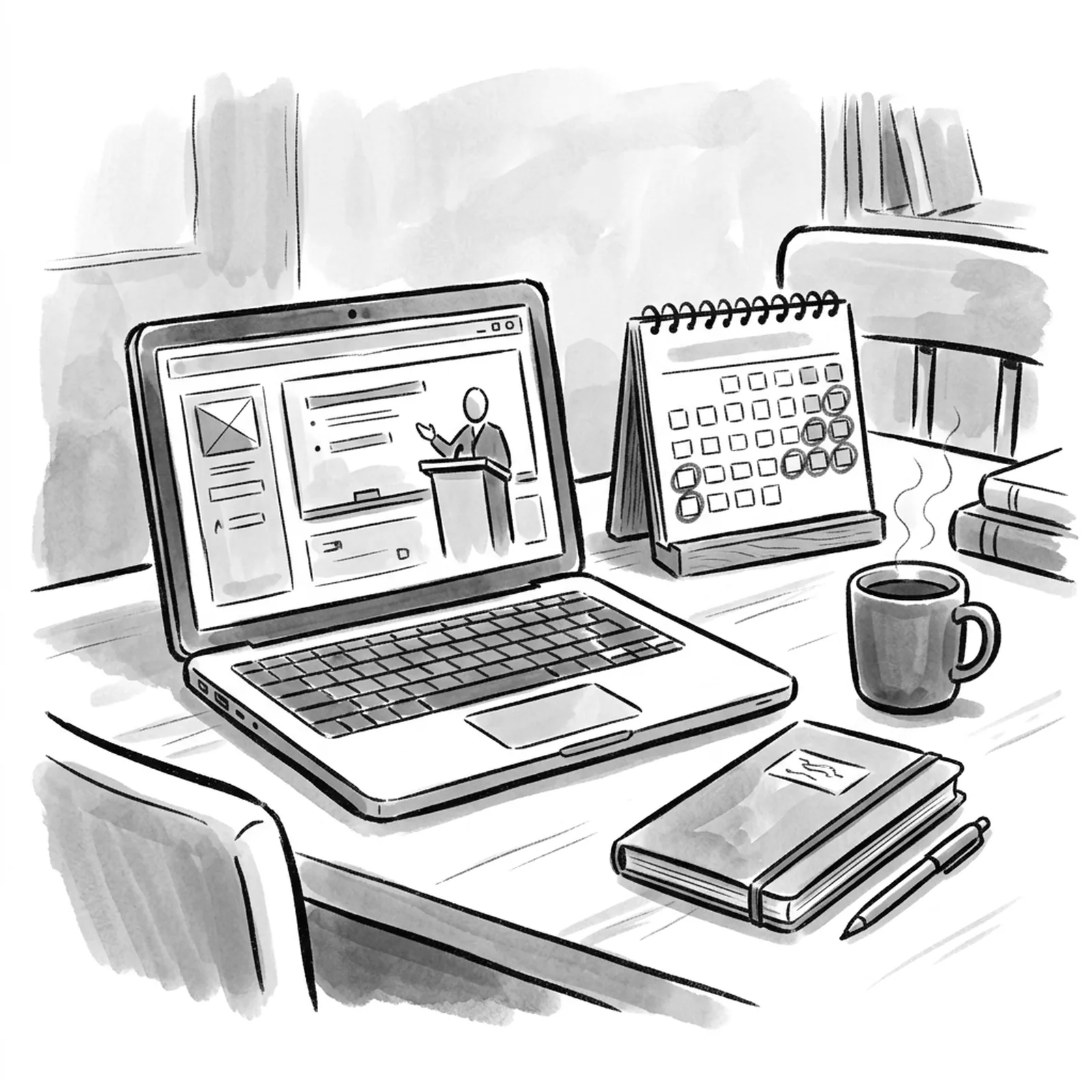 A desk with an open laptop playing a lesson beside a wall calendar full of weekend sessions circled in pencil