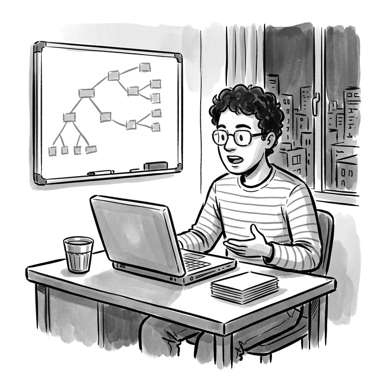 A product manager practising an interview out loud to a laptop at night, with an estimation tree on a whiteboard and a cup of chai on the desk