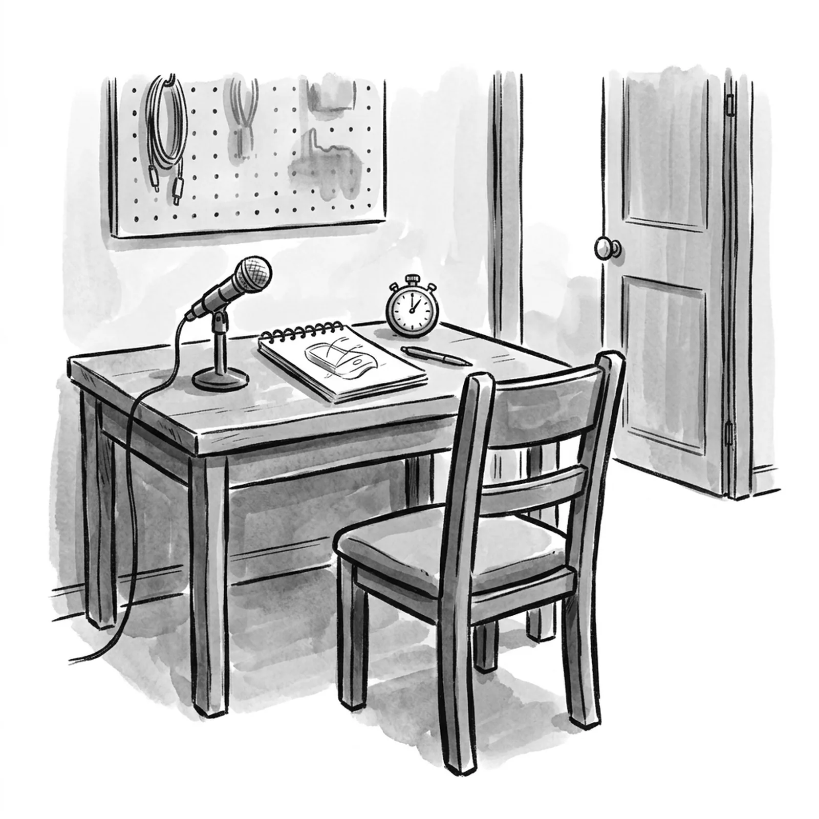 A practice room with an empty chair facing a desk, a notepad with a half finished product sketch and a small microphone on the desk