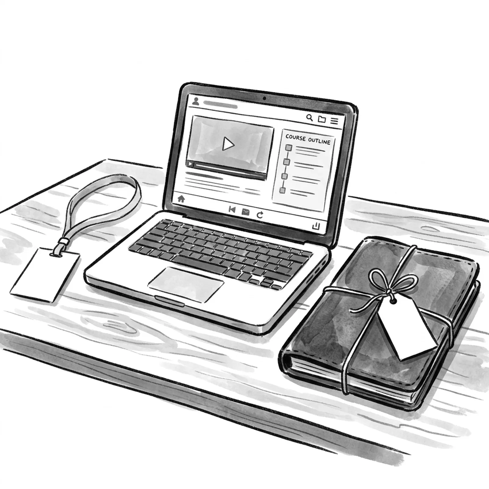 A desk with a thin paper badge ribbon on one side, a heavy leather certificate folder with a large price tag on the other, and a laptop open to a lesson between them