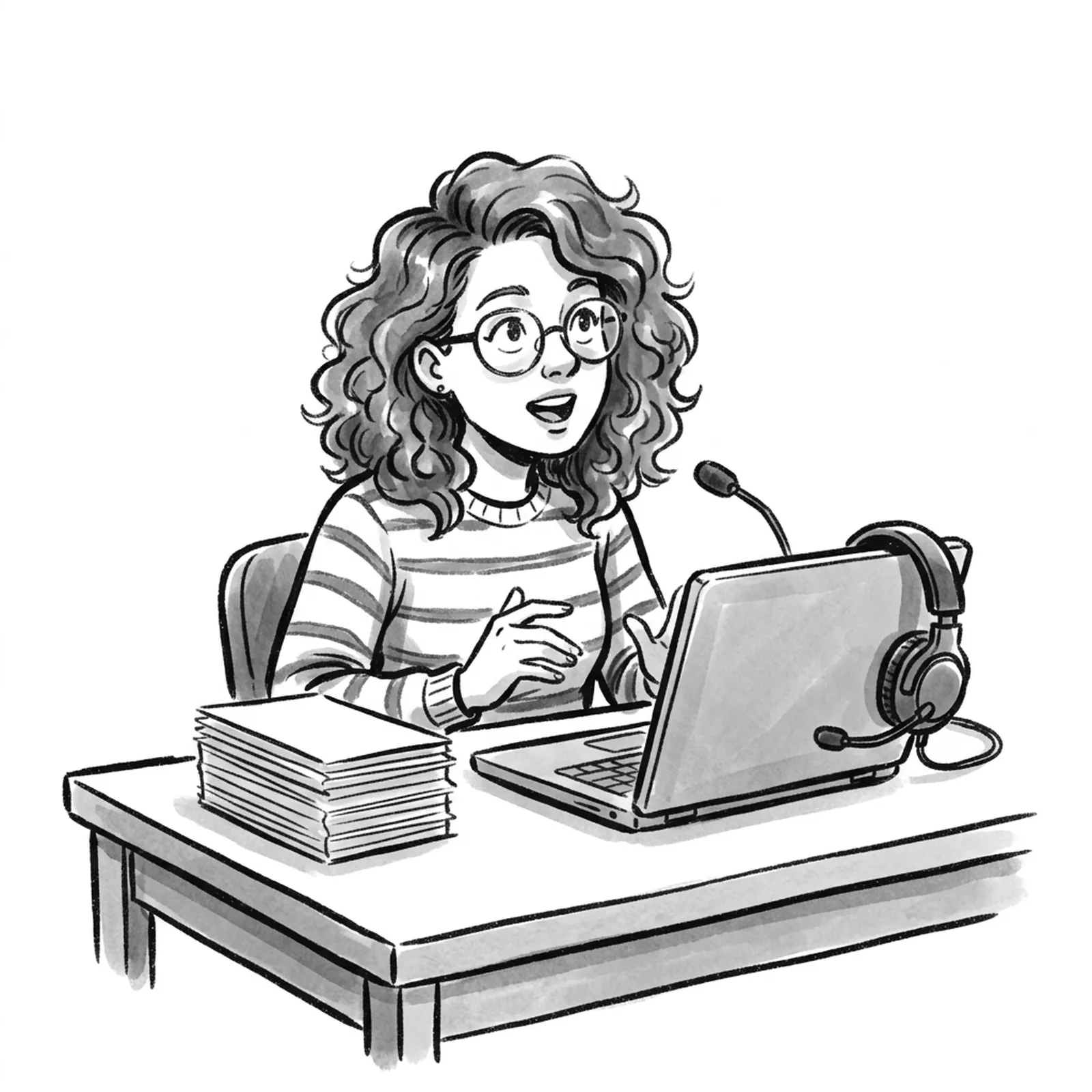 A product manager at a desk with a tall stack of index cards on one side and an open laptop with a headset on the other