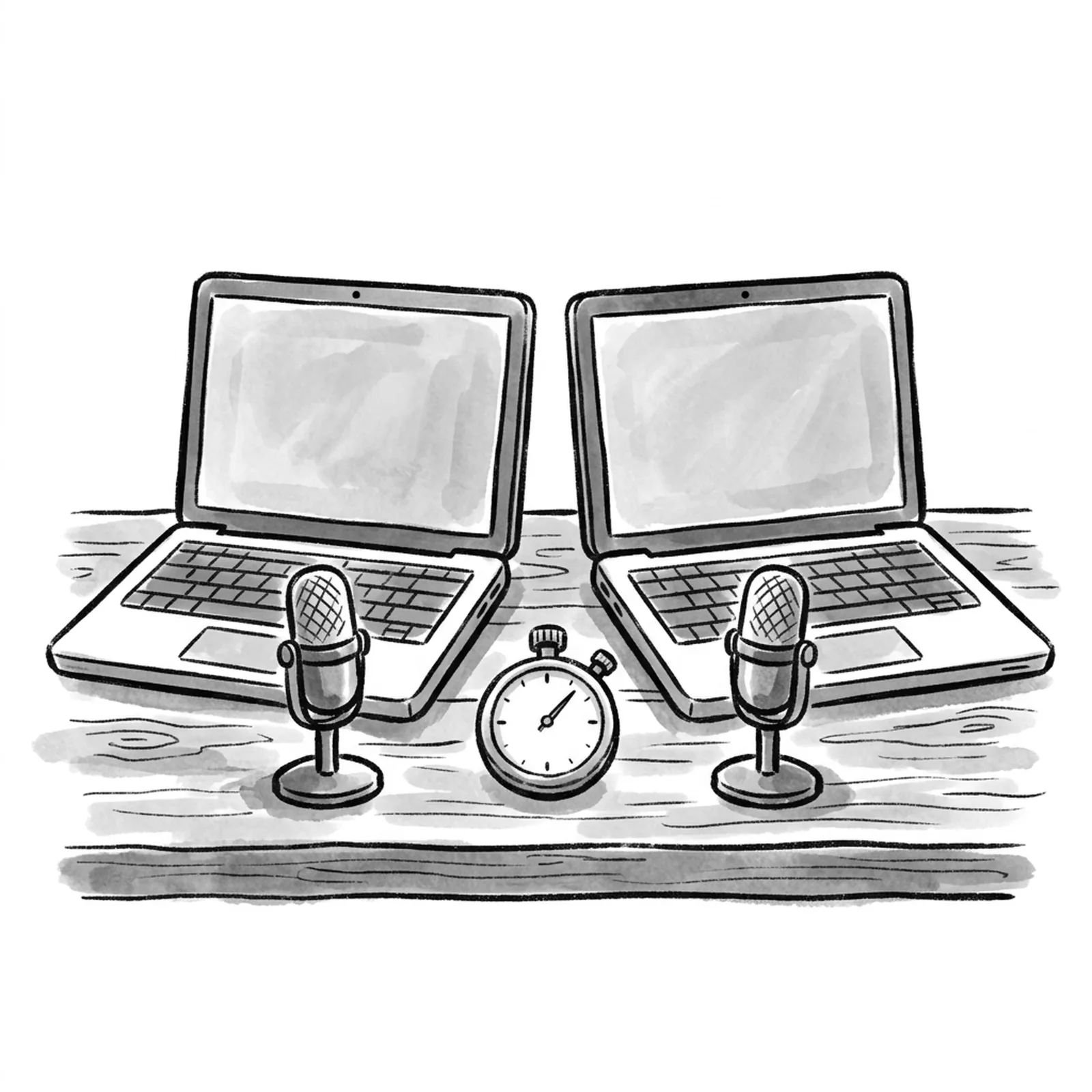 Two laptops side by side on a desk, each with a small microphone in front of it and a stopwatch between them