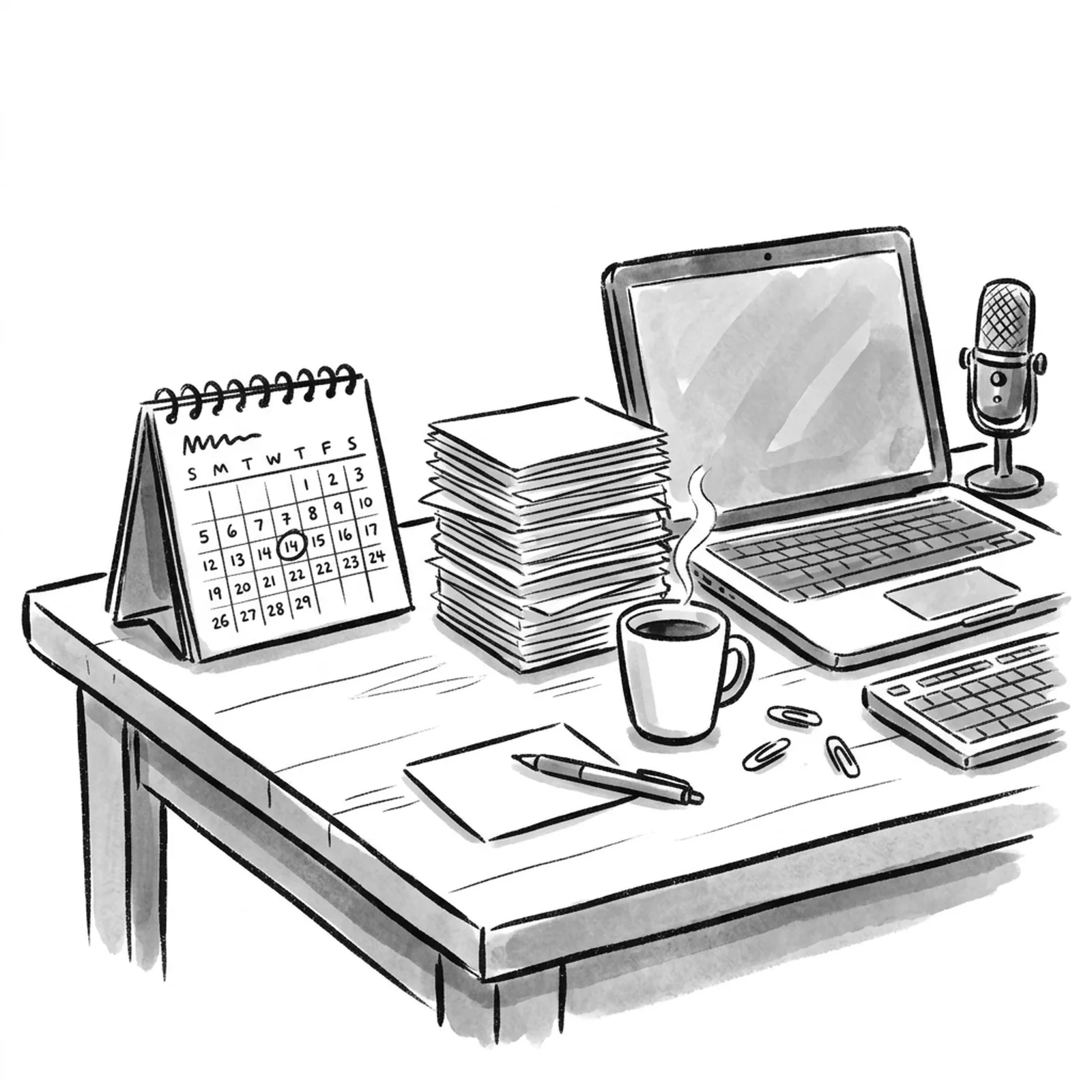 A desk with a calendar showing one circled appointment on one side and a laptop, microphone and a tall stack of practice cards on the other
