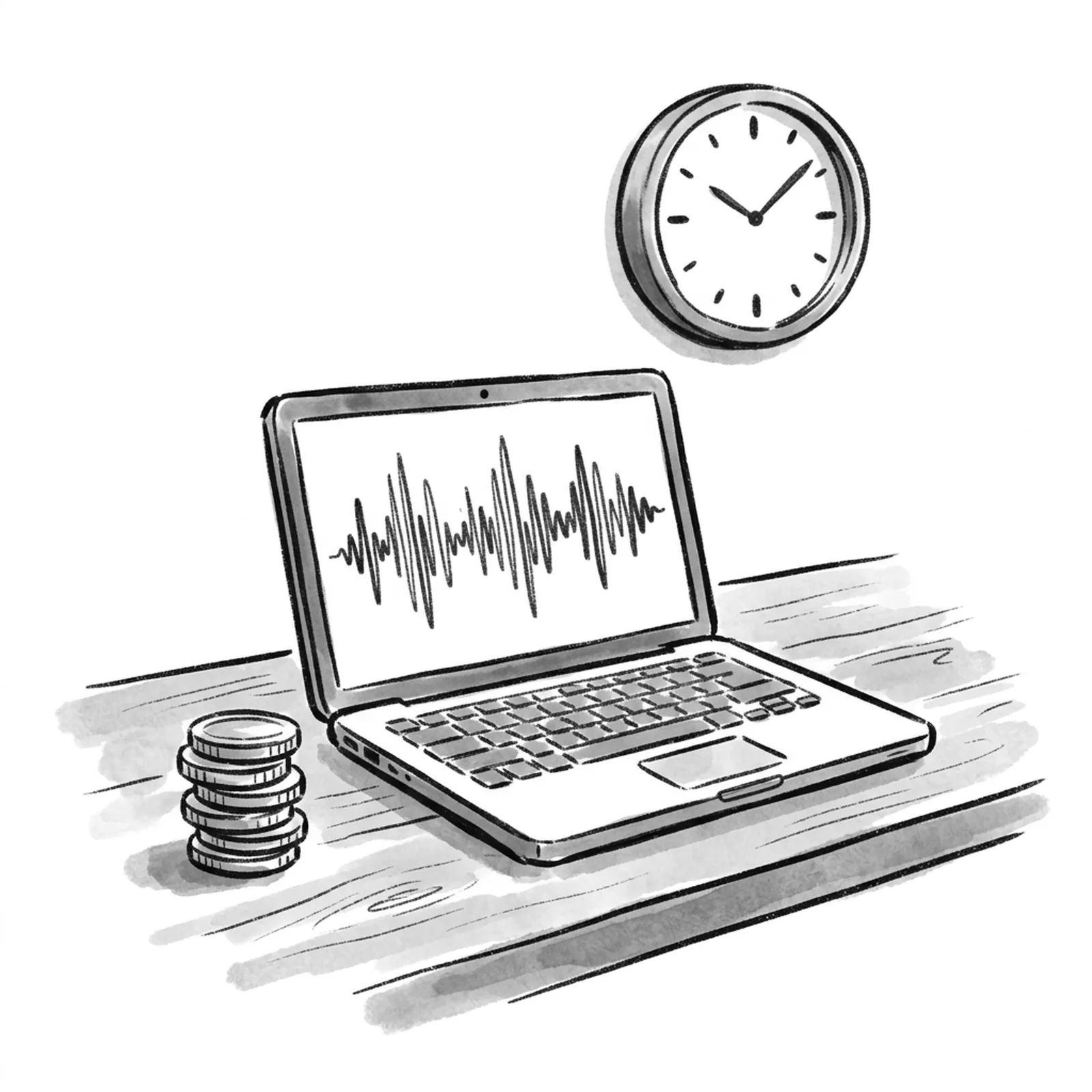 A desk with an open laptop showing a voice waveform beside a wall clock and a small stack of coins