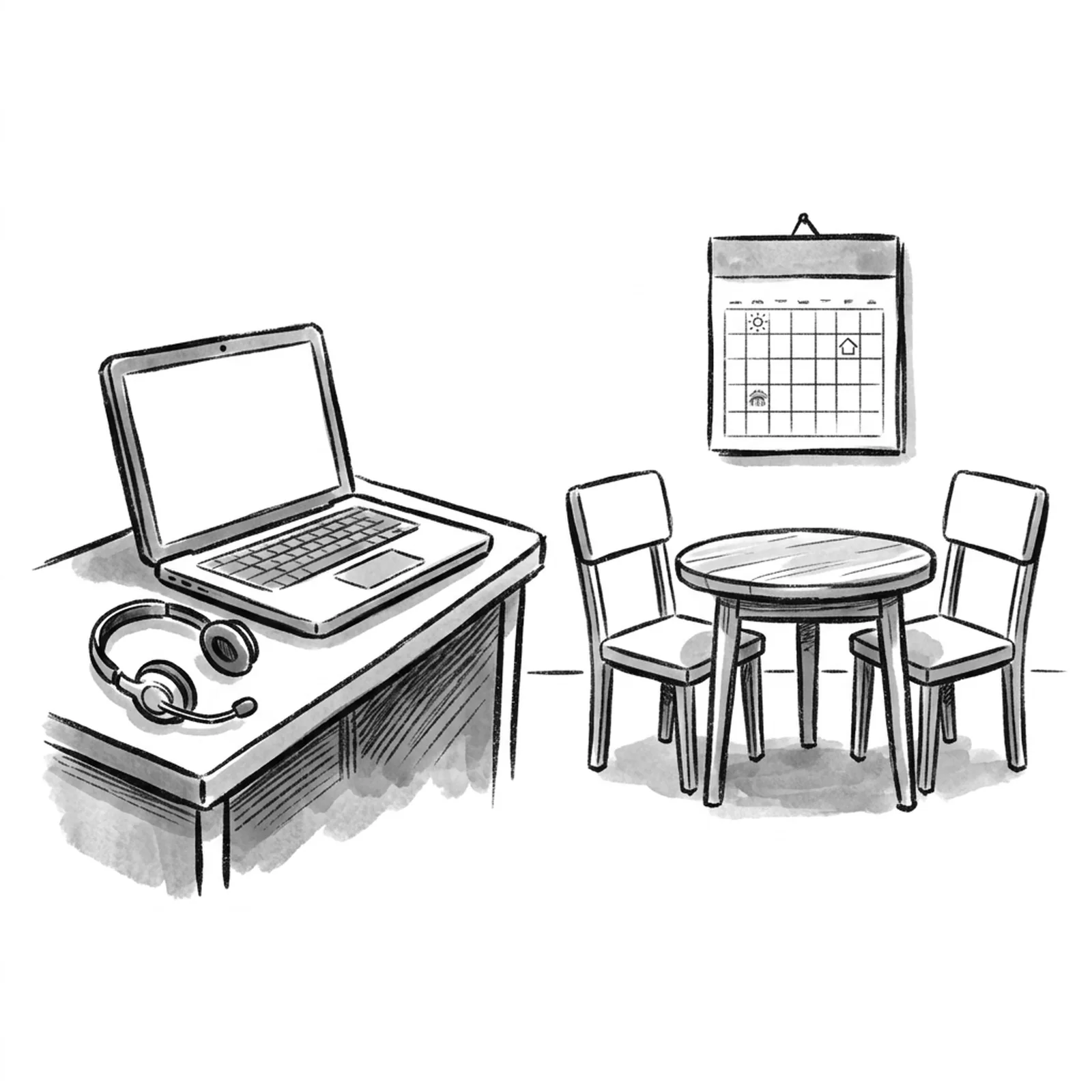 A desk with a laptop and headset on one side and two empty chairs facing each other across a small table on the other
