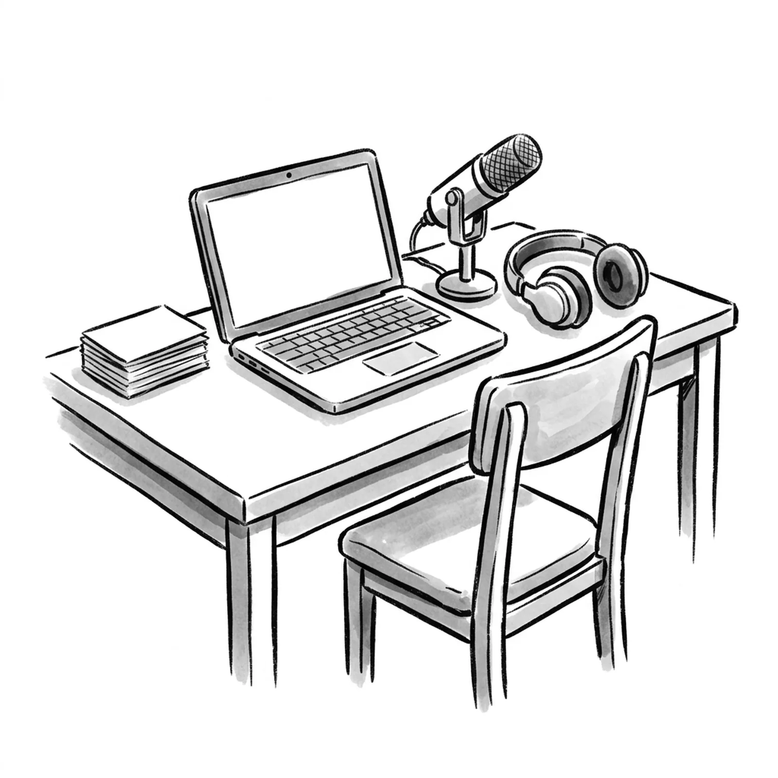 A desk with a stack of small practice cards on one side and a laptop with a microphone and headphones on the other