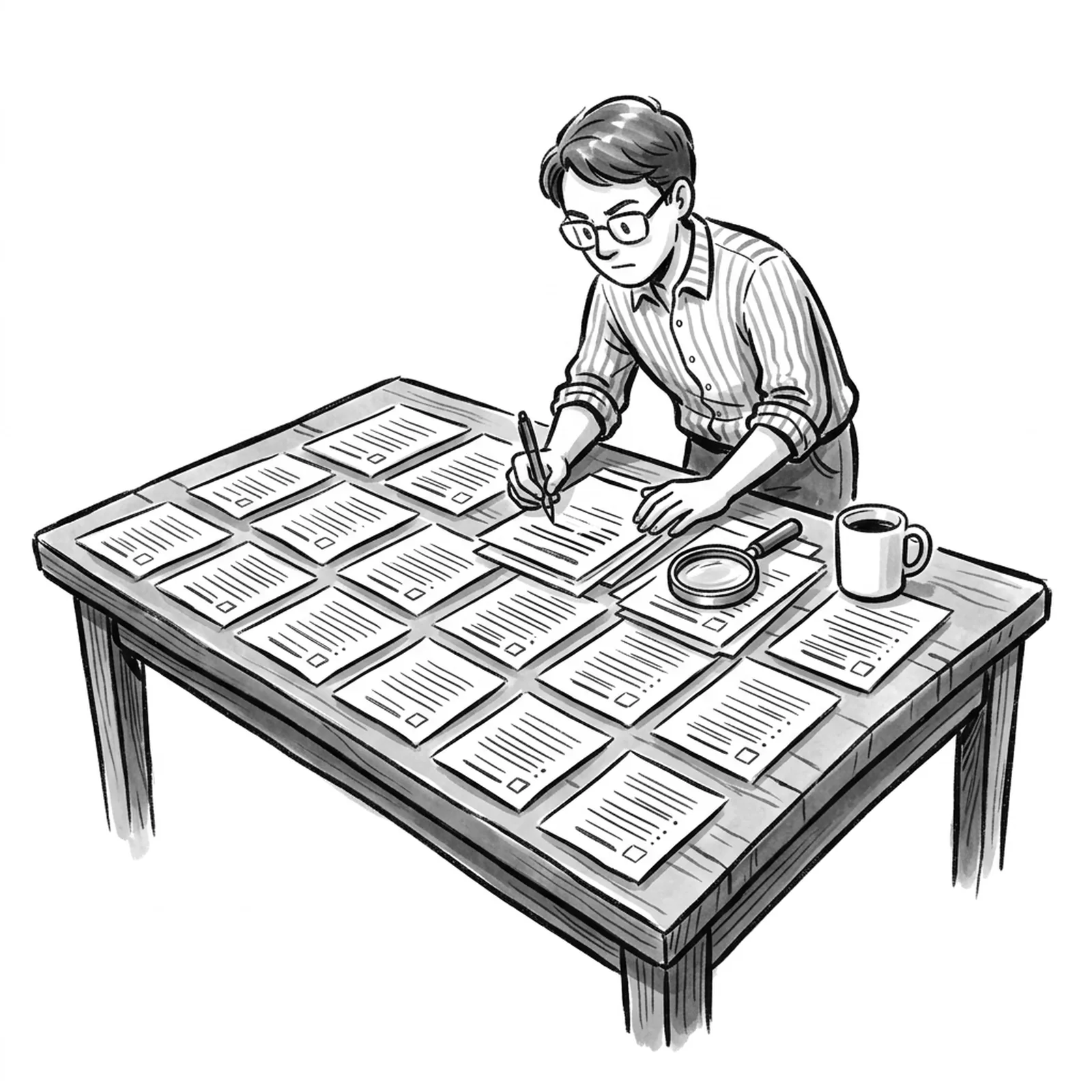 A product manager at a long table covered in printed job descriptions laid out in a grid, marking lines with a pencil
