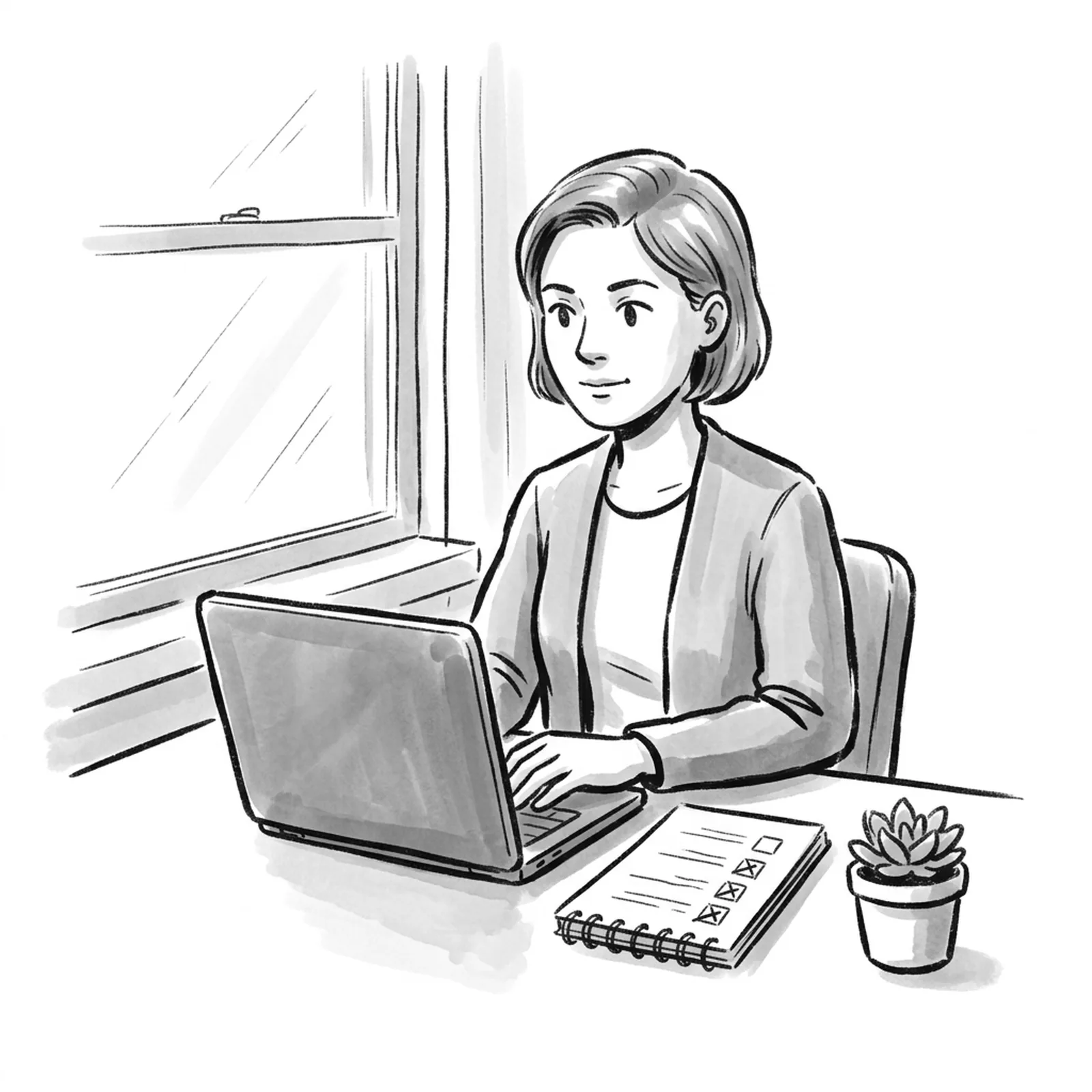 A candidate at a quiet desk before an interview, a notebook open to a hand-drawn checklist beside a closed laptop and a small potted plant