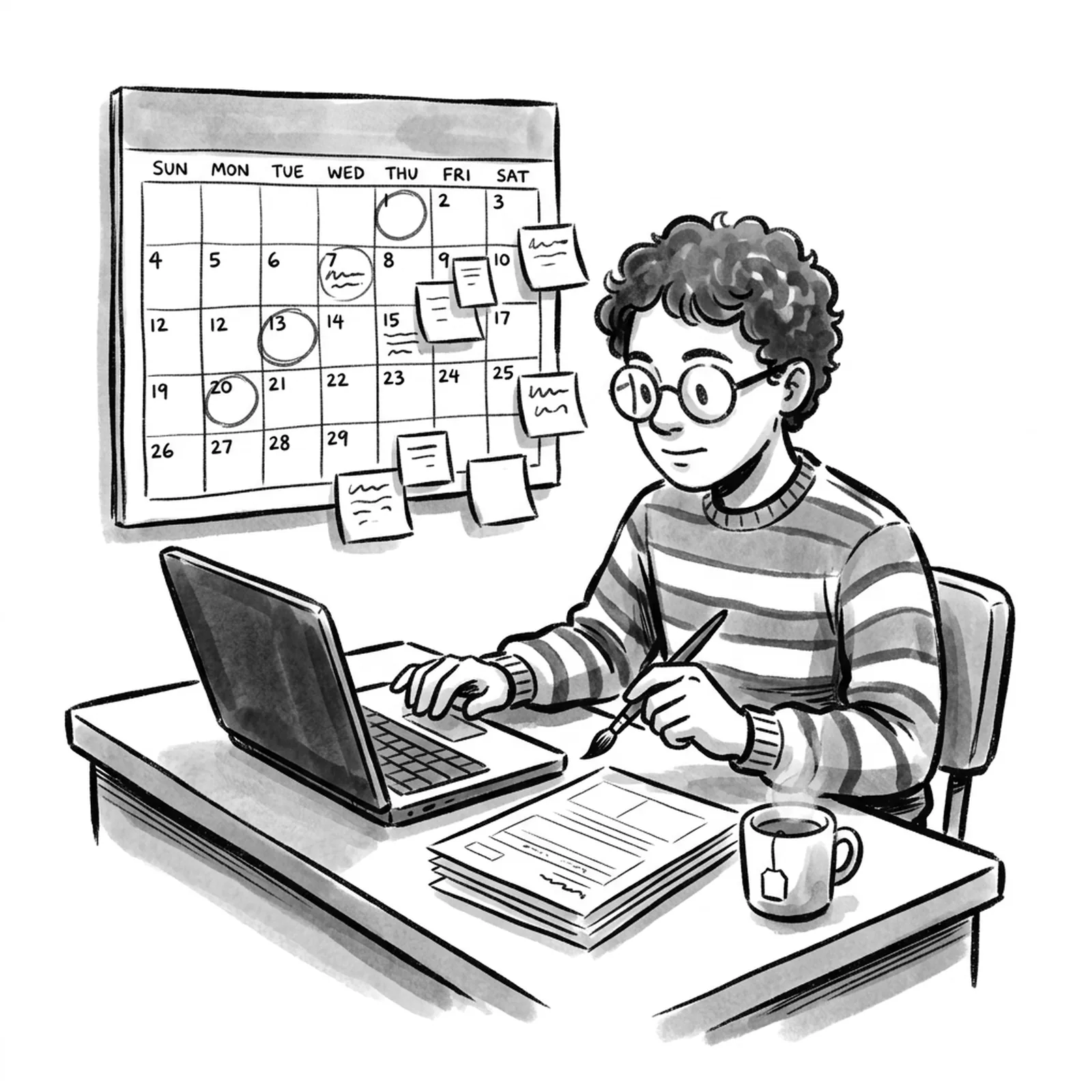A student at a dorm desk with a wall calendar covered in circled dates and sticky notes, a laptop open beside a stack of printed application forms