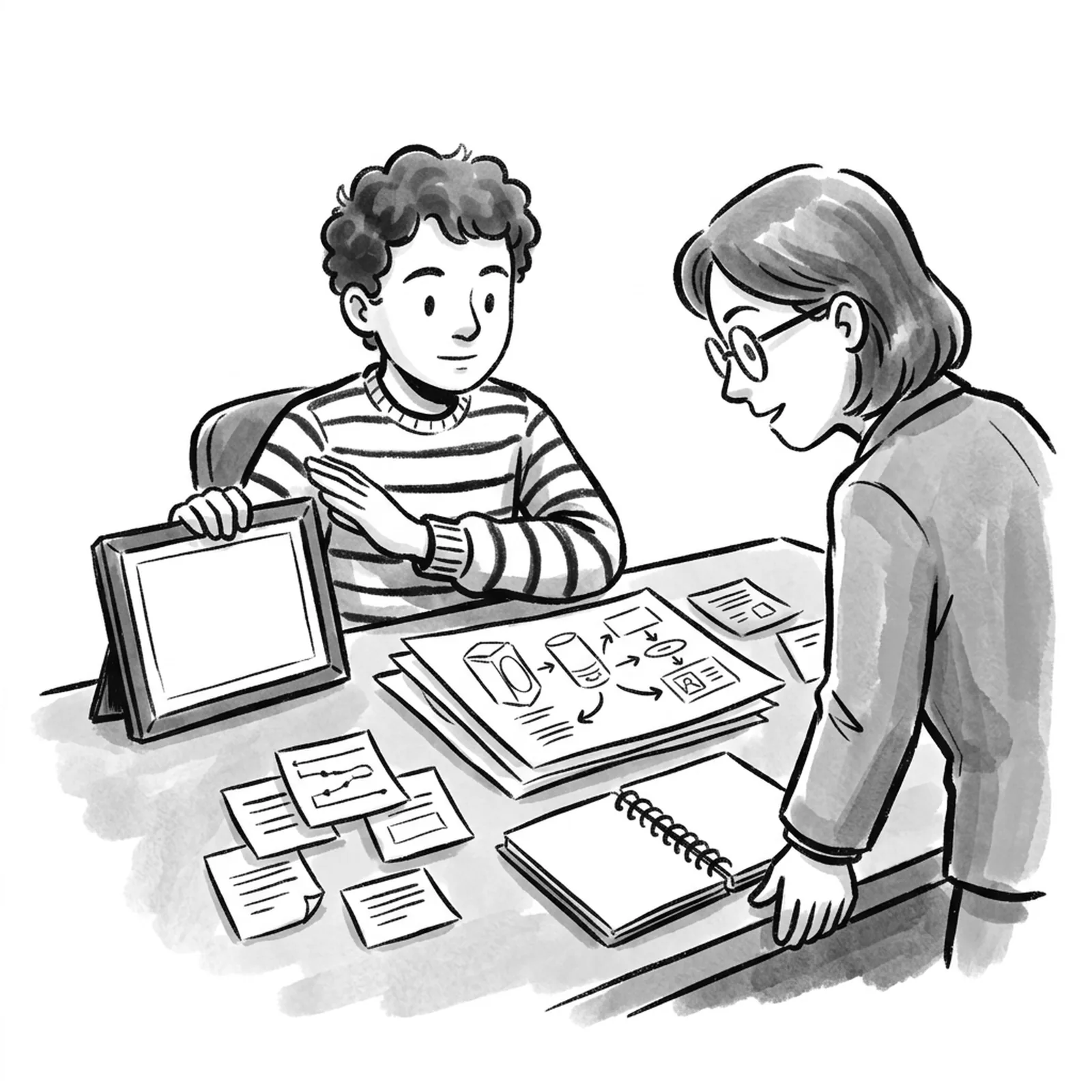 A job candidate at a desk sets aside a framed certificate and instead spreads out printed product sketches, a roadmap and a notebook of interview answers