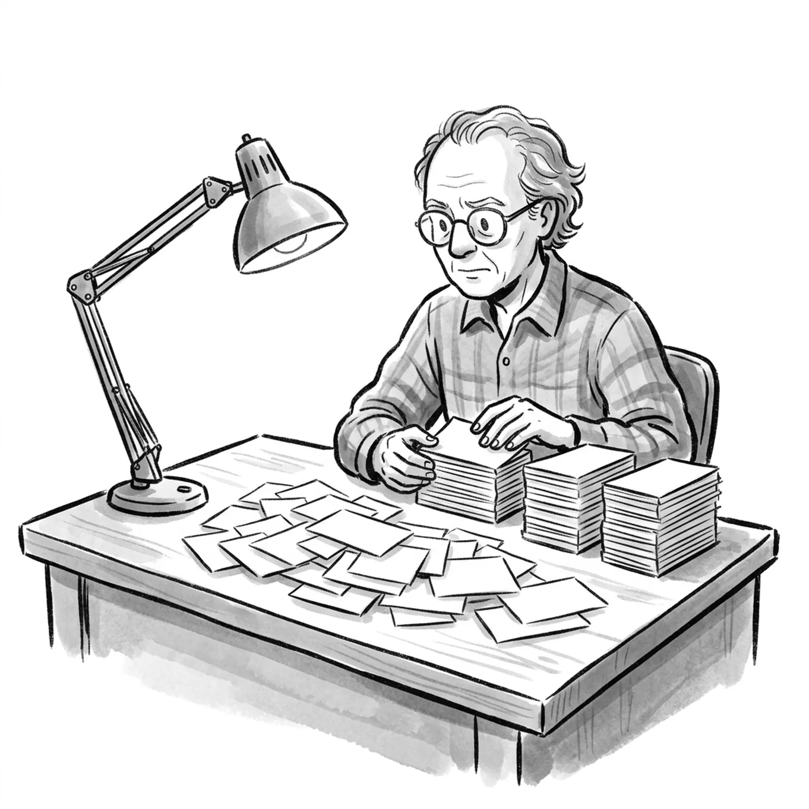 A product manager at a desk sorting a large pile of blank index cards into a few tall, neat stacks