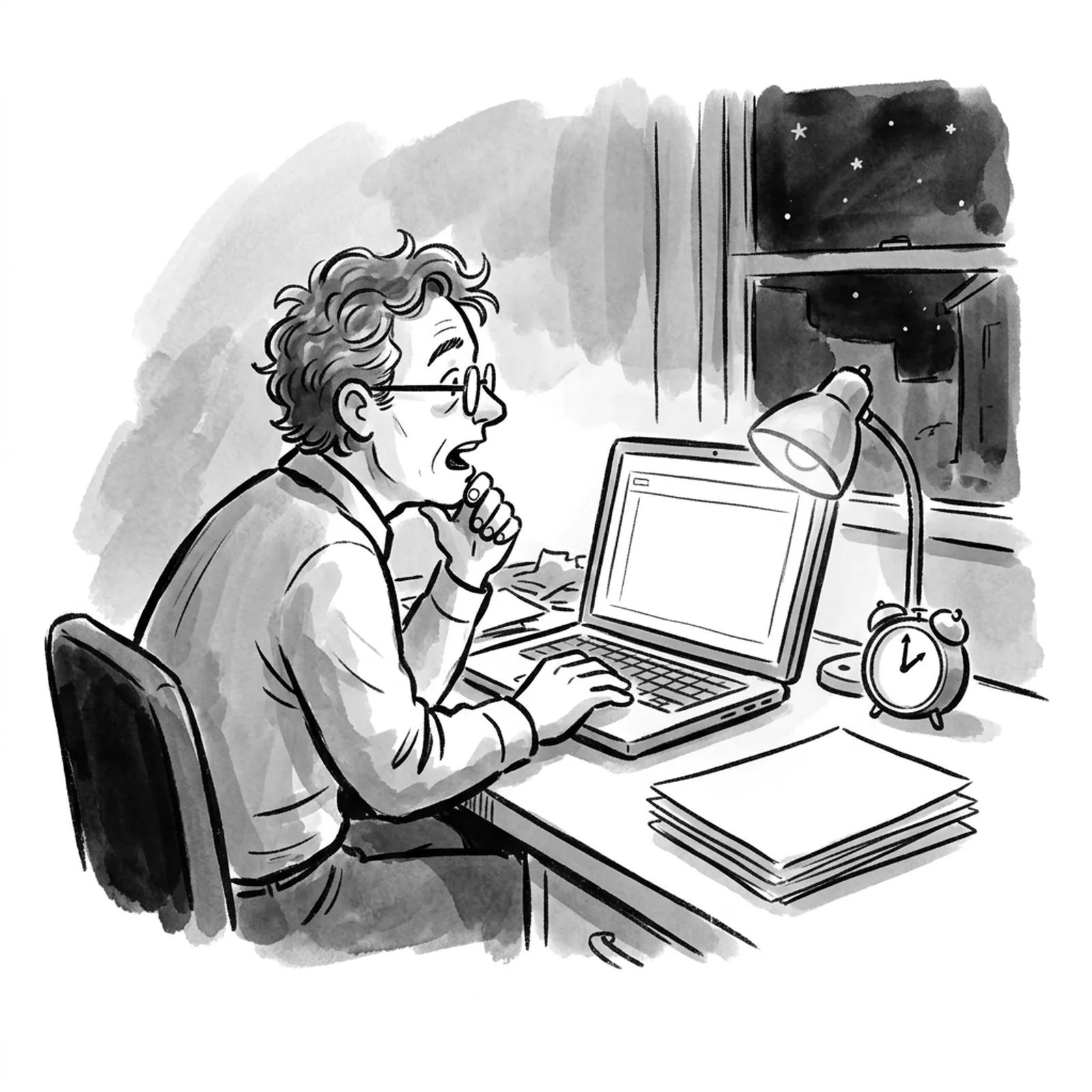 A product manager at a desk late at night answers out loud to a laptop, a printed job description covered in handwritten notes and a kitchen timer beside her