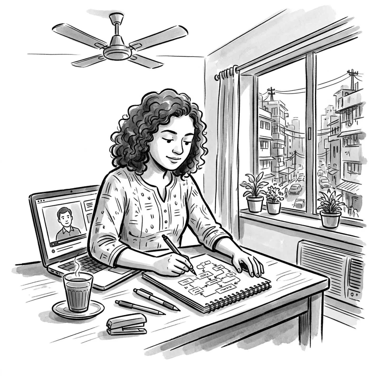 A product manager at a desk by a window in an Indian city apartment sketches an AI agent flow on a notepad, a laptop open to a lesson and a cup of chai beside her
