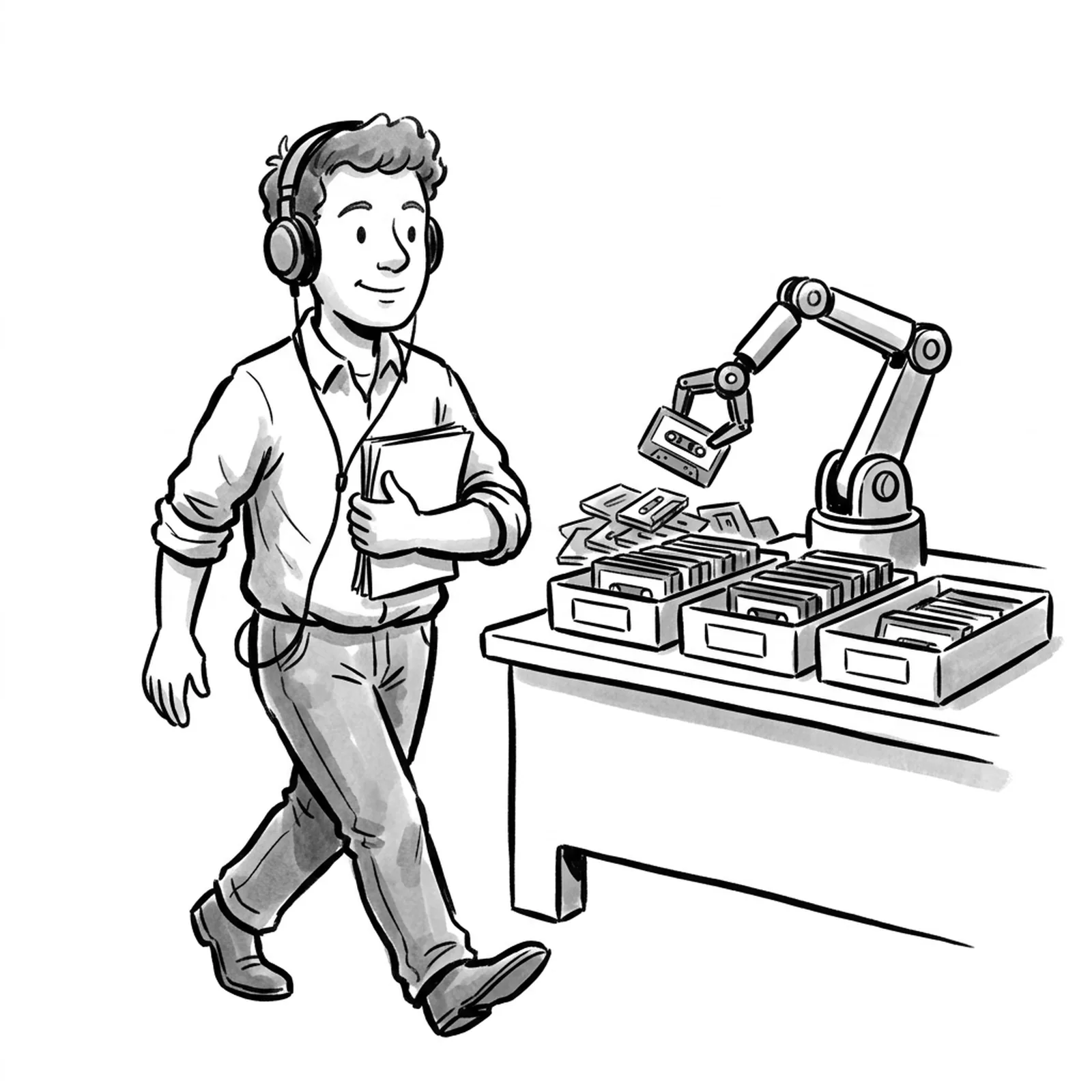 A product manager walking to work with headphones on, holding a folded paper notebook, while a small robot arm on a nearby desk sorts cassette tapes into labelled trays