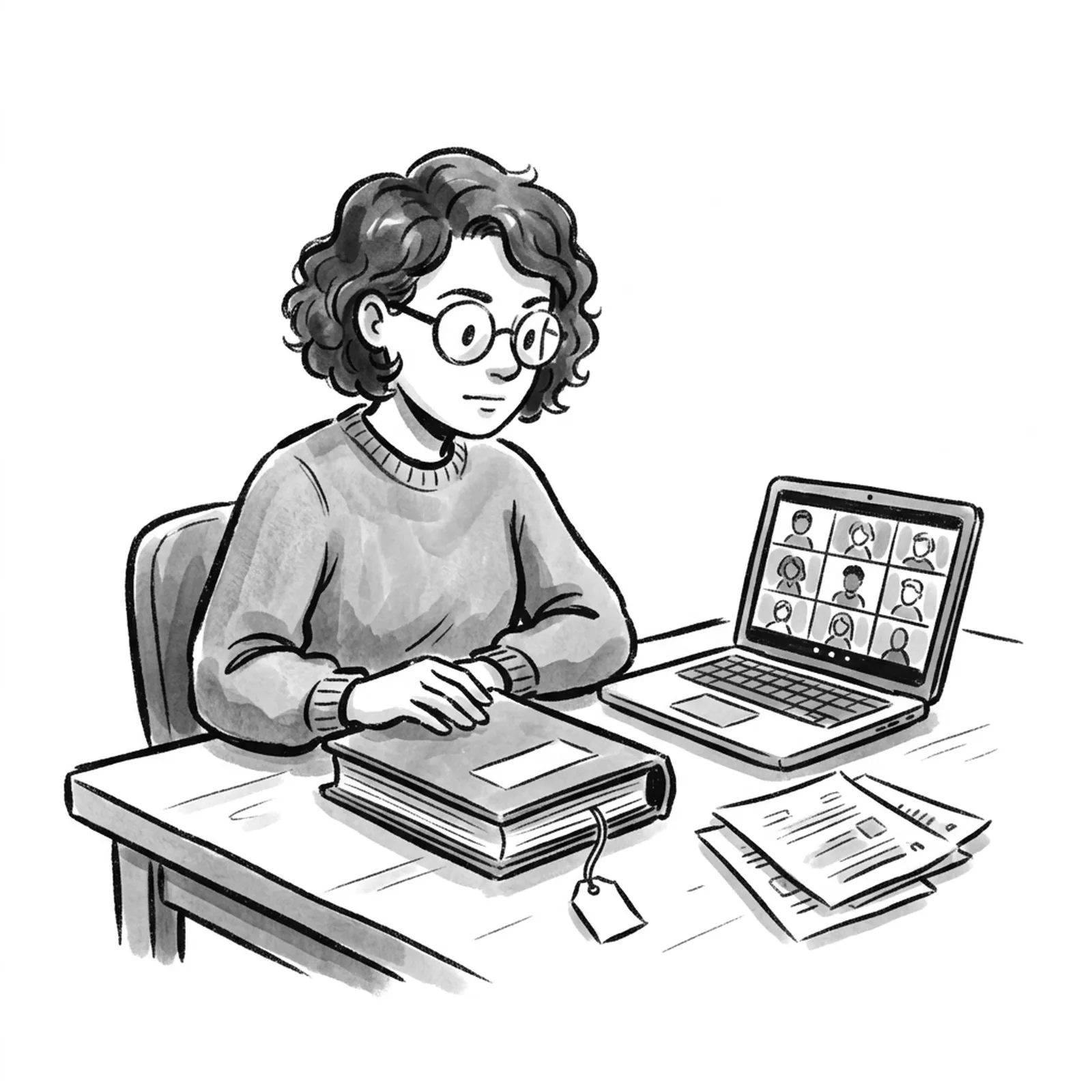A product manager at a desk weighs three very different study options laid out in front of her: a thick bound course binder, a laptop showing a live video class, and a small stack of free printed handouts