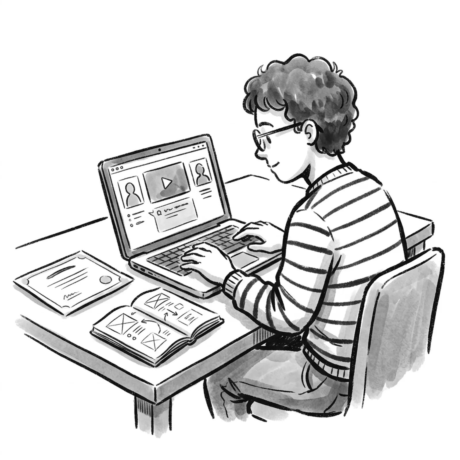 A product manager at a desk sets aside a framed paper certificate and opens a laptop showing a practice interview, with a notebook of sketched product diagrams beside it