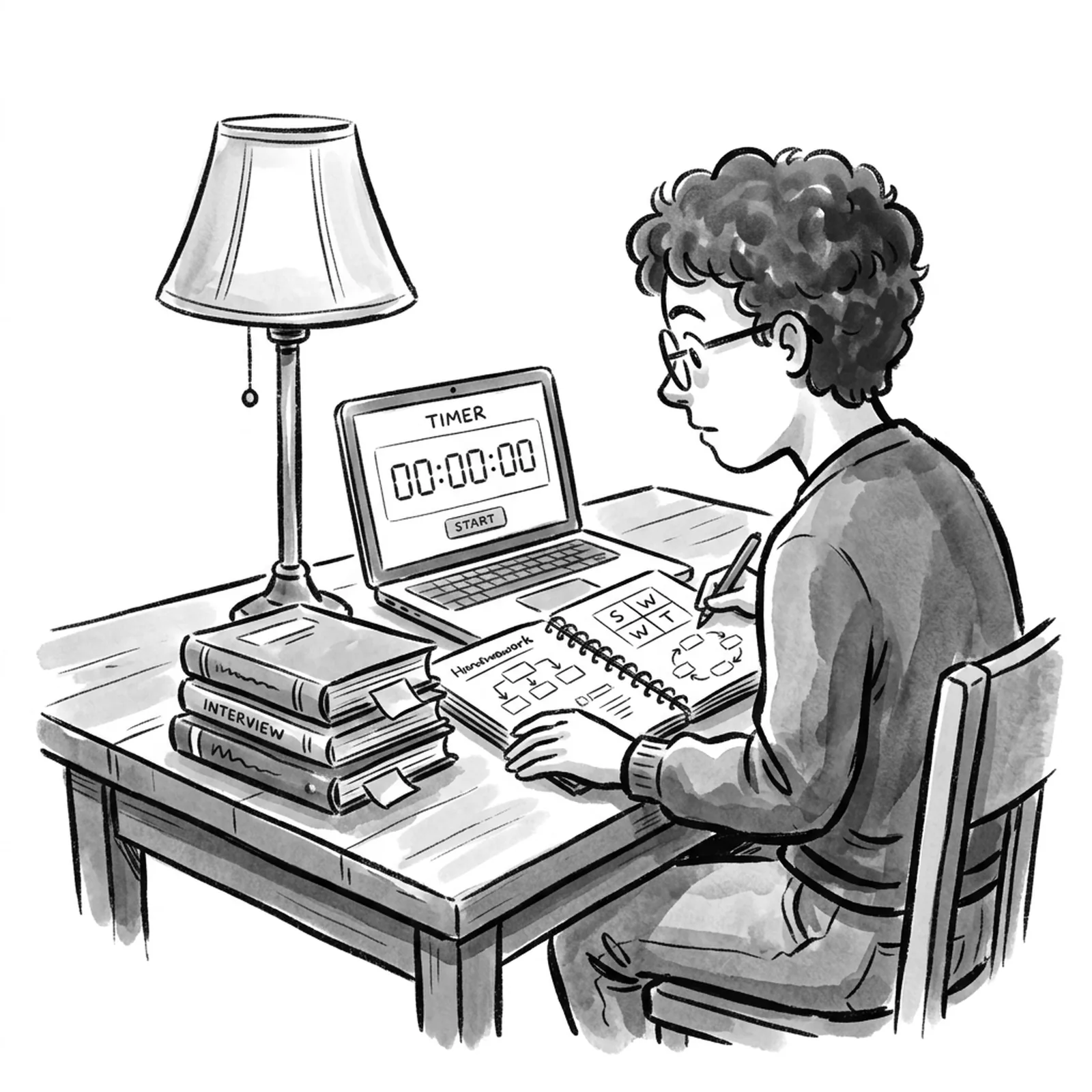 A product manager candidate at a library table with a short stack of worn interview prep books, sticky notes and a notebook of hand-drawn frameworks beside a laptop