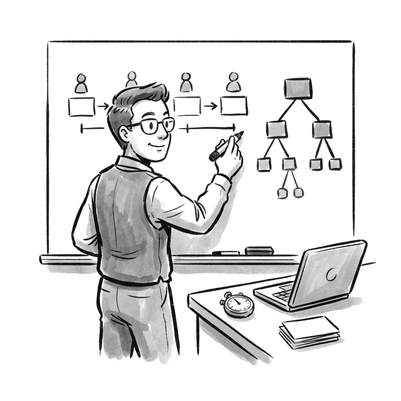 A product manager at a whiteboard sketching a user journey and a metric tree, with a stopwatch and a stack of blank case prompt cards beside a laptop