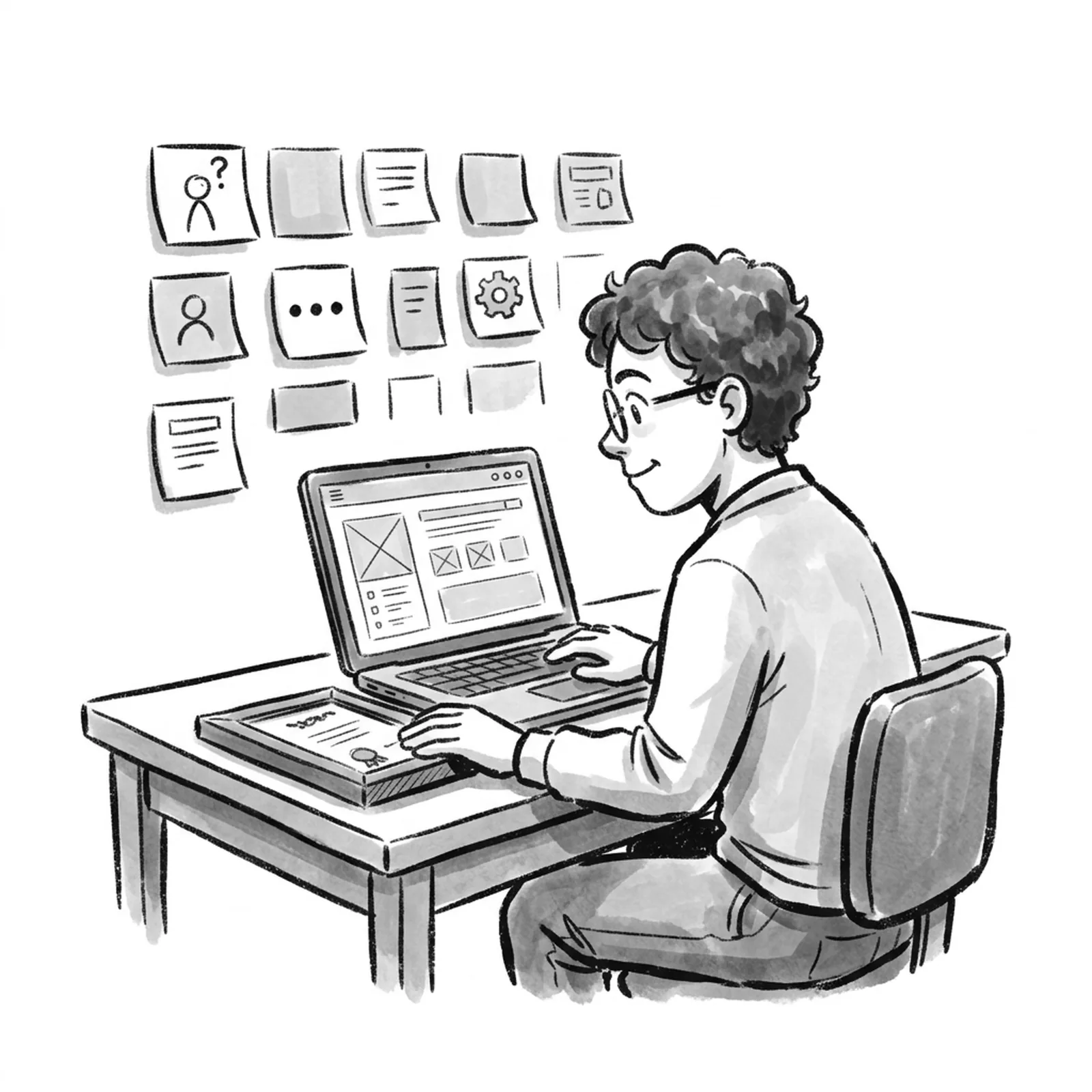 A product manager at a desk sets a framed certificate face down and turns toward a laptop showing a half-built prototype, with sticky notes of test cases on the wall