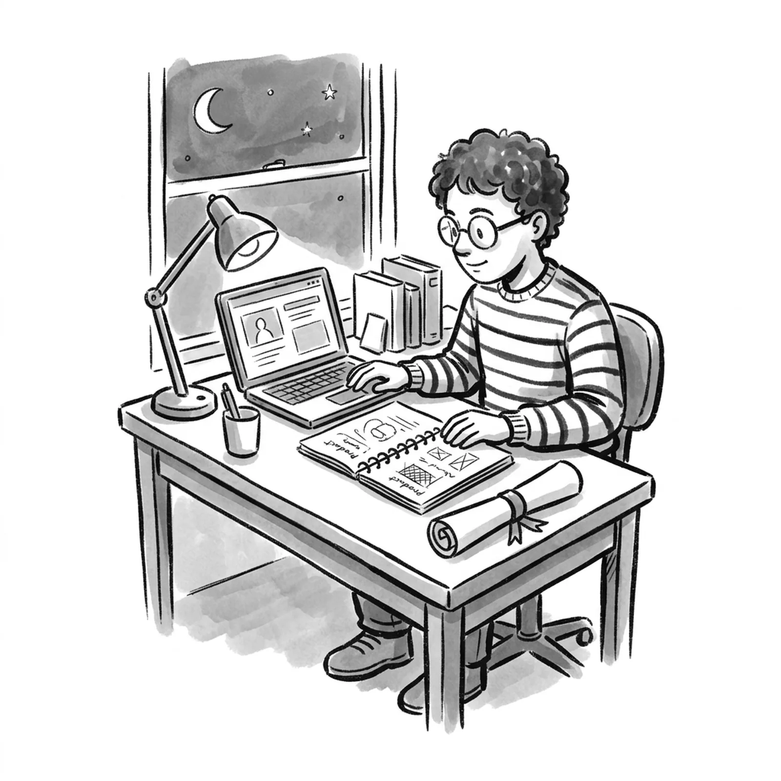A learner at a small desk at night with a laptop open to a lesson, a rolled certificate pushed to the edge of the desk and a notebook of product sketches in the centre