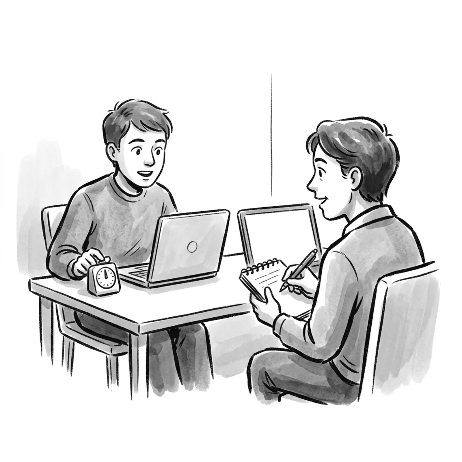 Two candidates on a video call take turns interviewing each other, one with a laptop and a paper timer, the other holding a notepad of blank questions