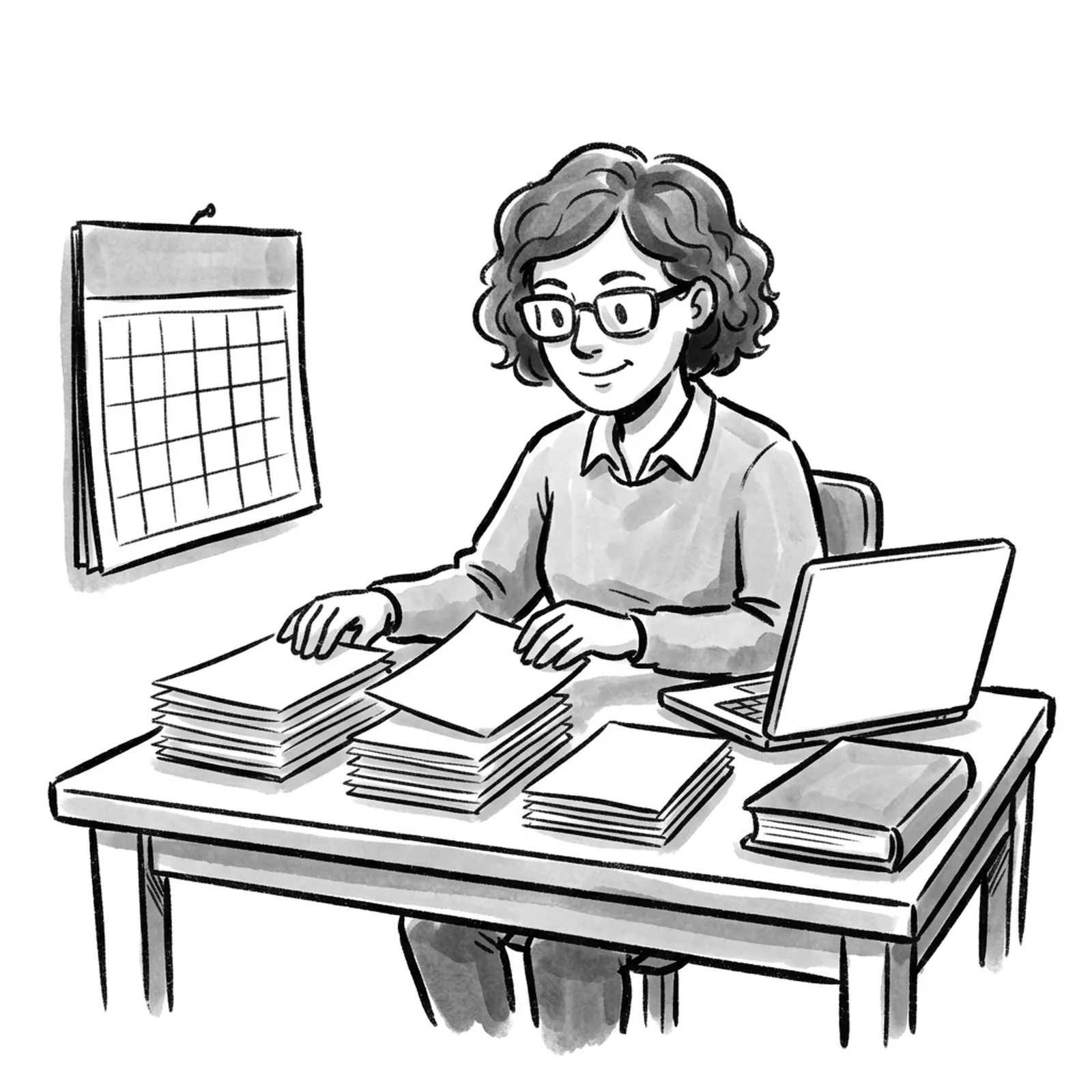 A product manager at a library table sorts a stack of printed interview questions into three piles beside an open laptop, a thick book and a sticky-note study plan