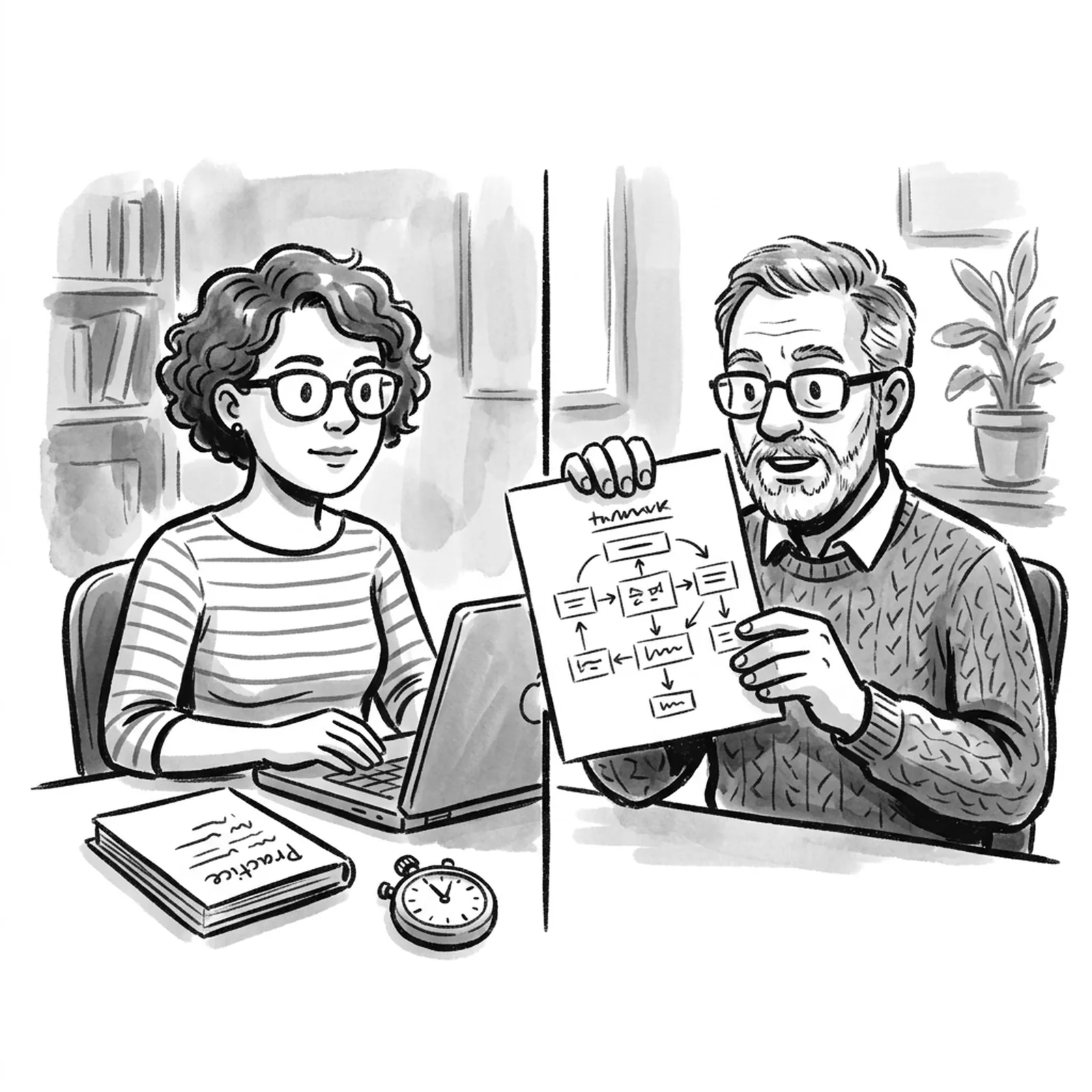 A product manager candidate on a video call with an interview coach who holds up a hand-drawn framework sketch, a stopwatch and a notebook of practice answers on the desk