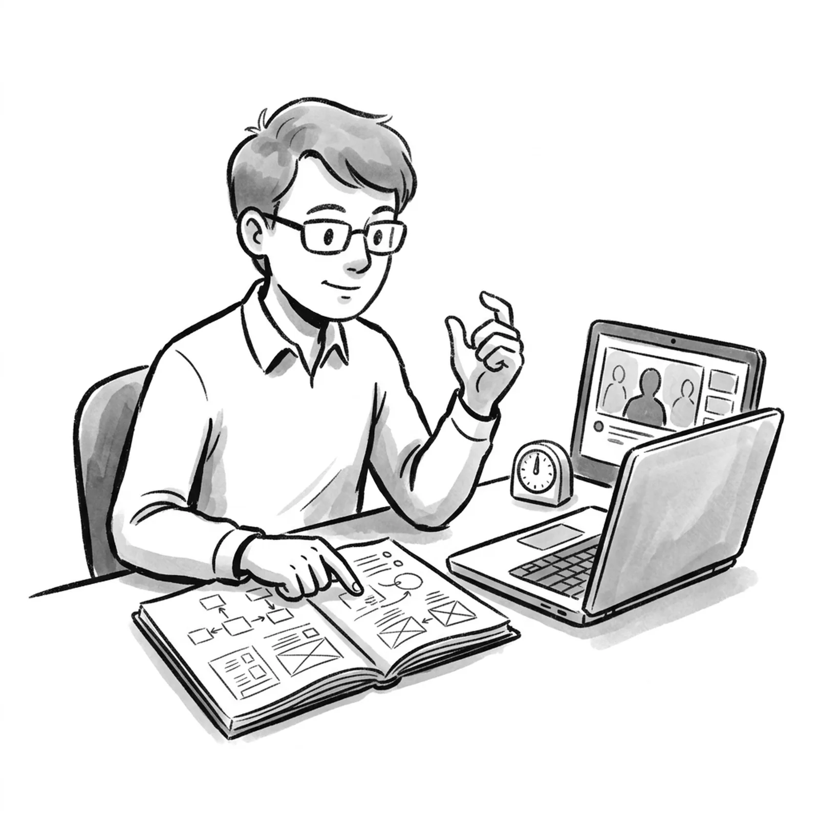A product manager at a desk with a notebook of frameworks open on one side and a laptop showing a practice interview on the other, a small timer between them