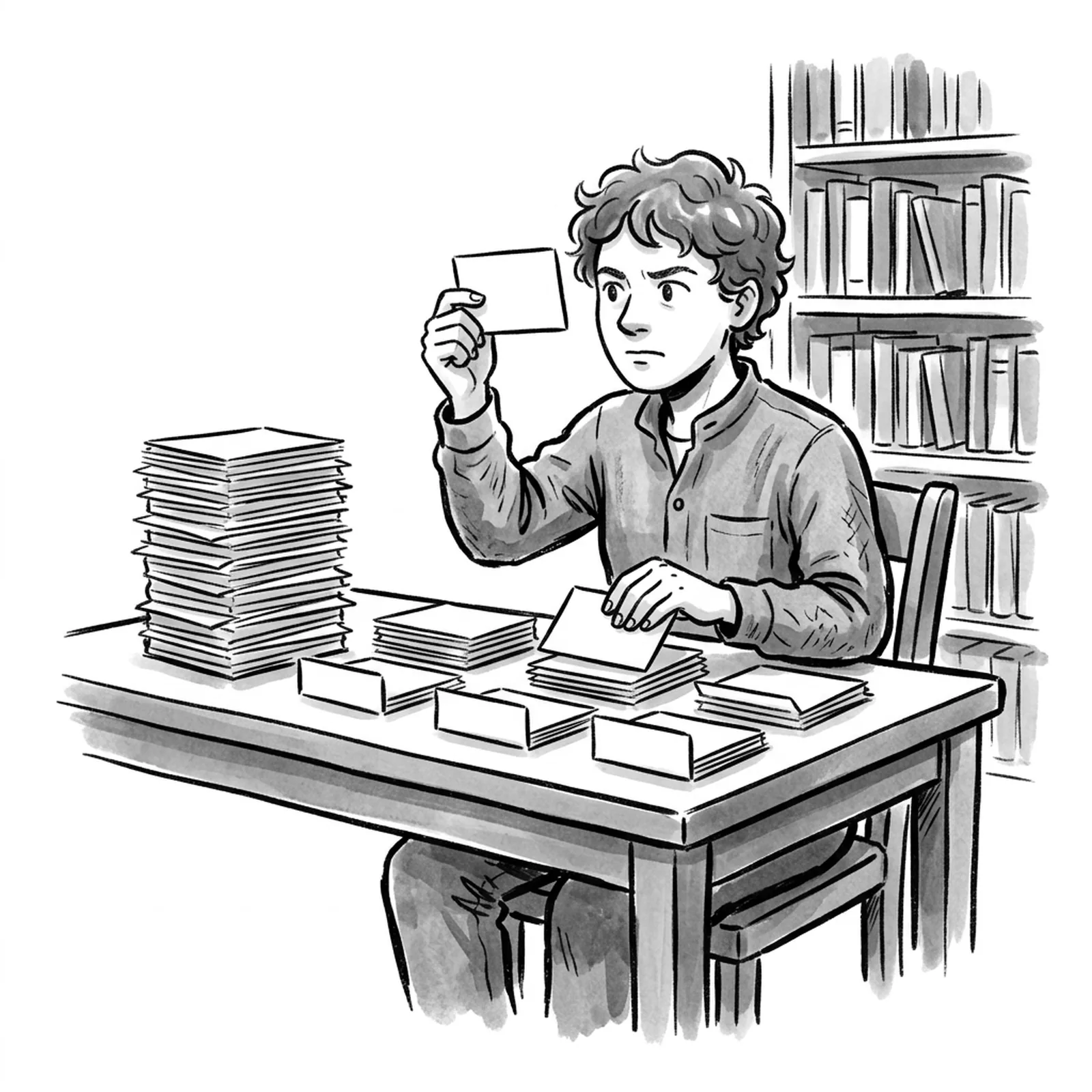 A product manager at a library table sorting a tall stack of index cards into labelled piles, one card held up to the light
